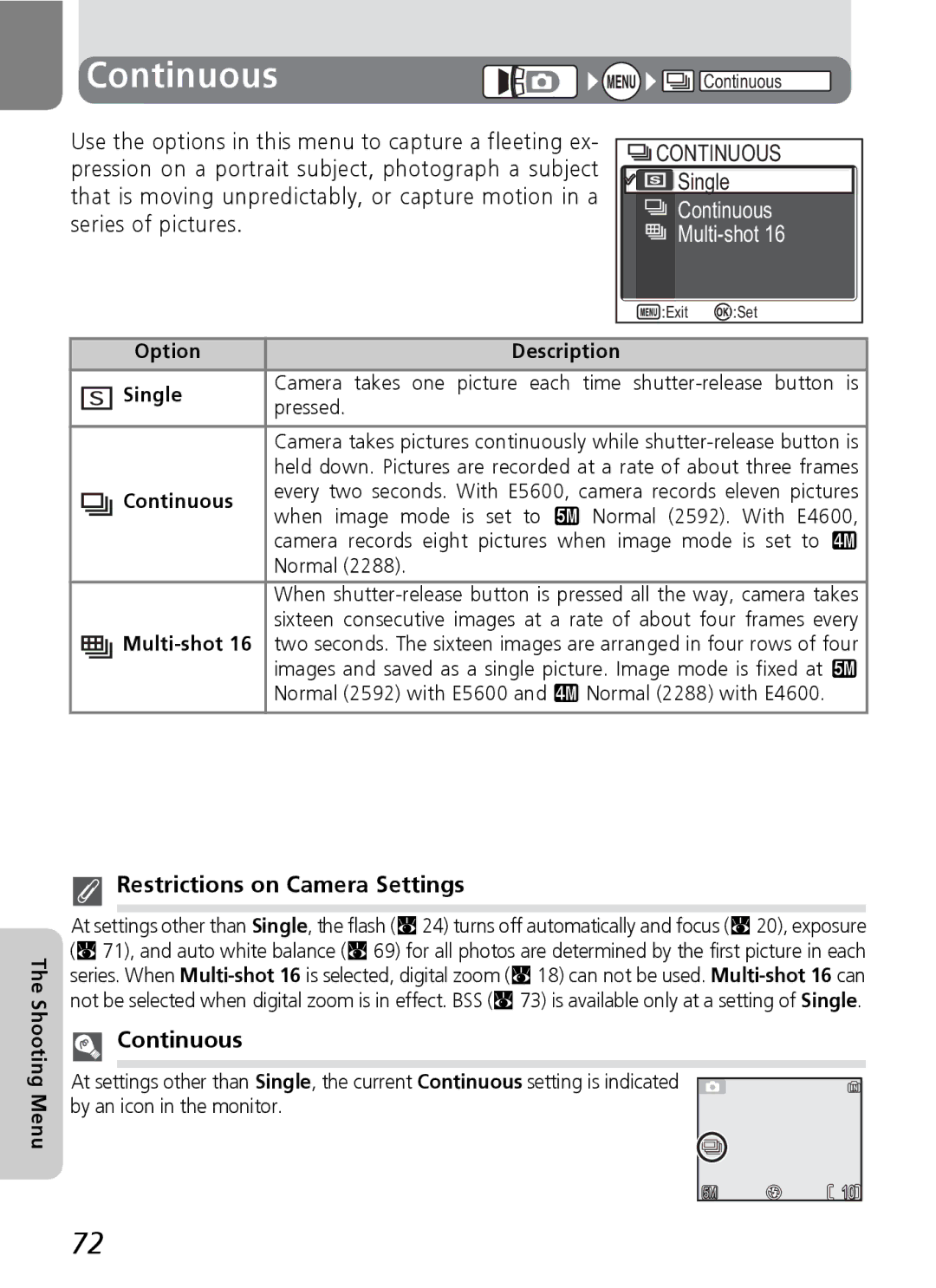 Nikon E5600, E4600 manual Continuous Multi-shot, Restrictions on Camera Settings 