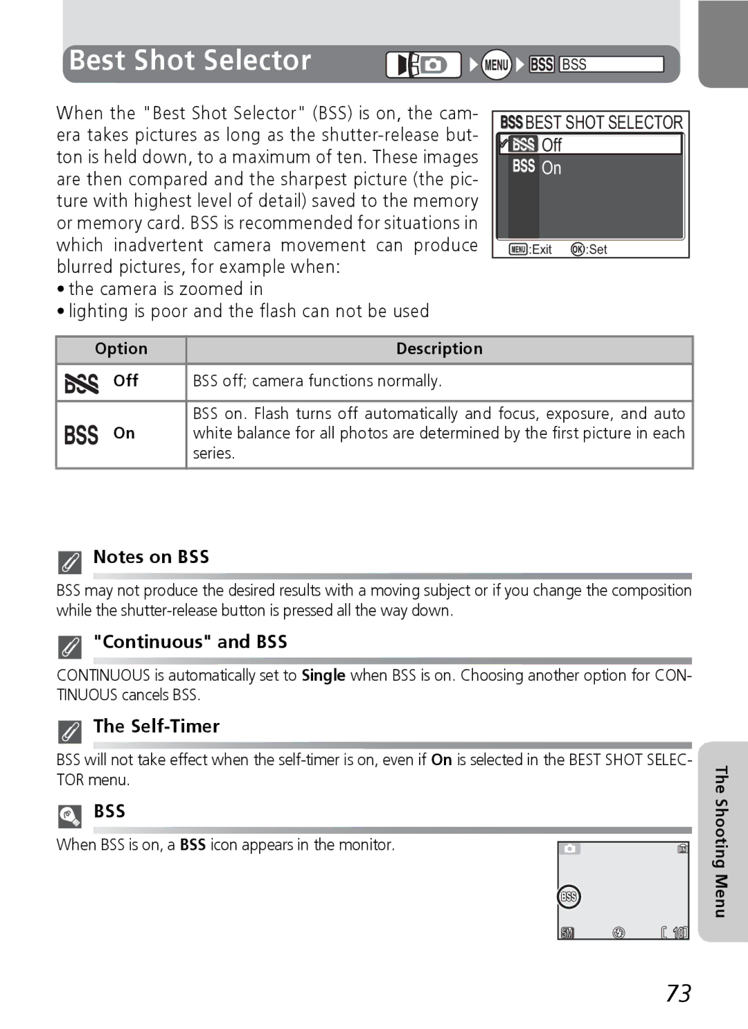 Nikon E4600 manual Best Shot Selector, Continuous and BSS, Option Description Off BSS off camera functions normally, Series 