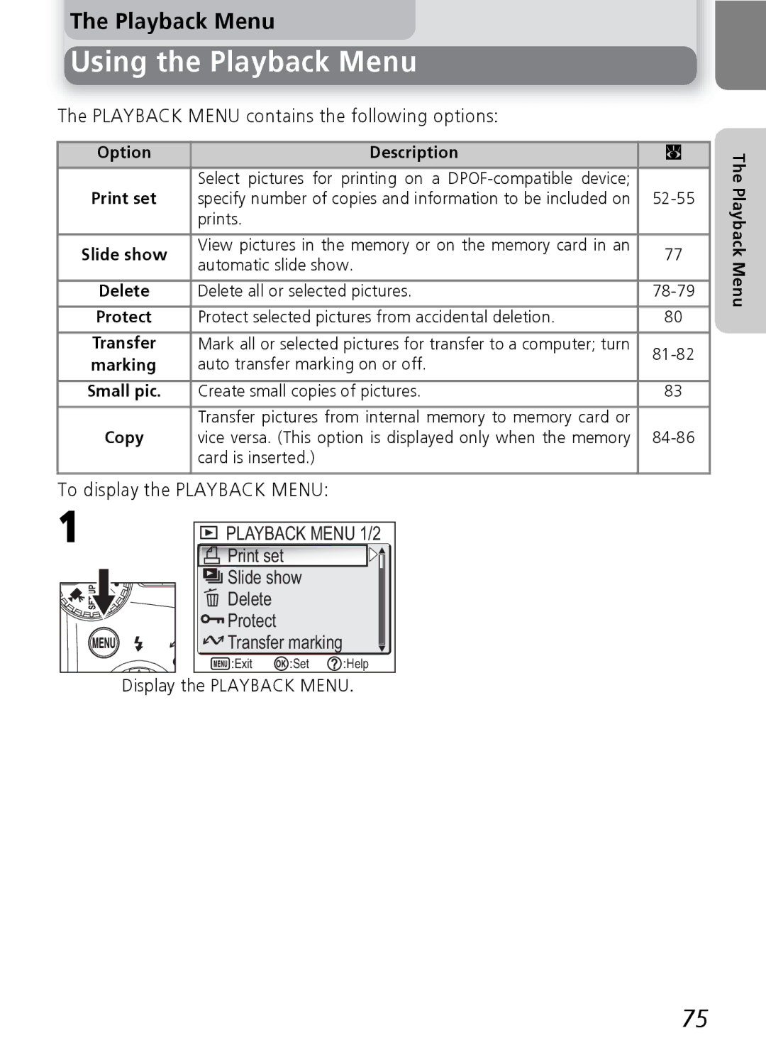 Nikon E4600, E5600 Using the Playback Menu, Playback Menu contains the following options, To display the Playback Menu 