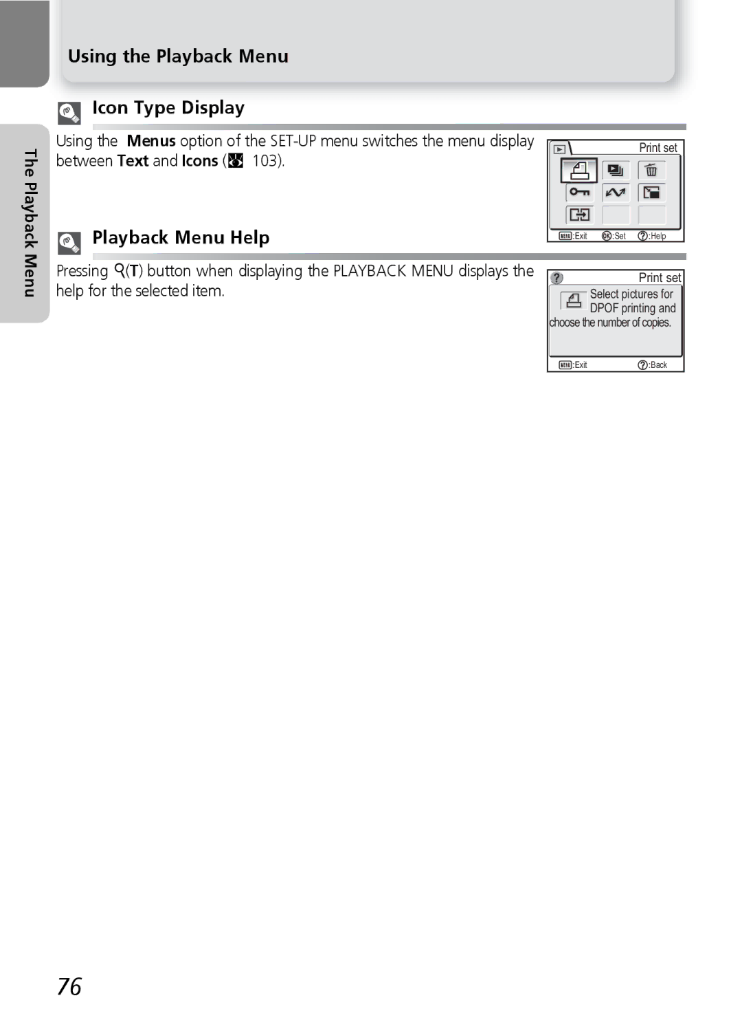 Nikon E5600, E4600 manual Using the Playback Menu Icon Type Display 