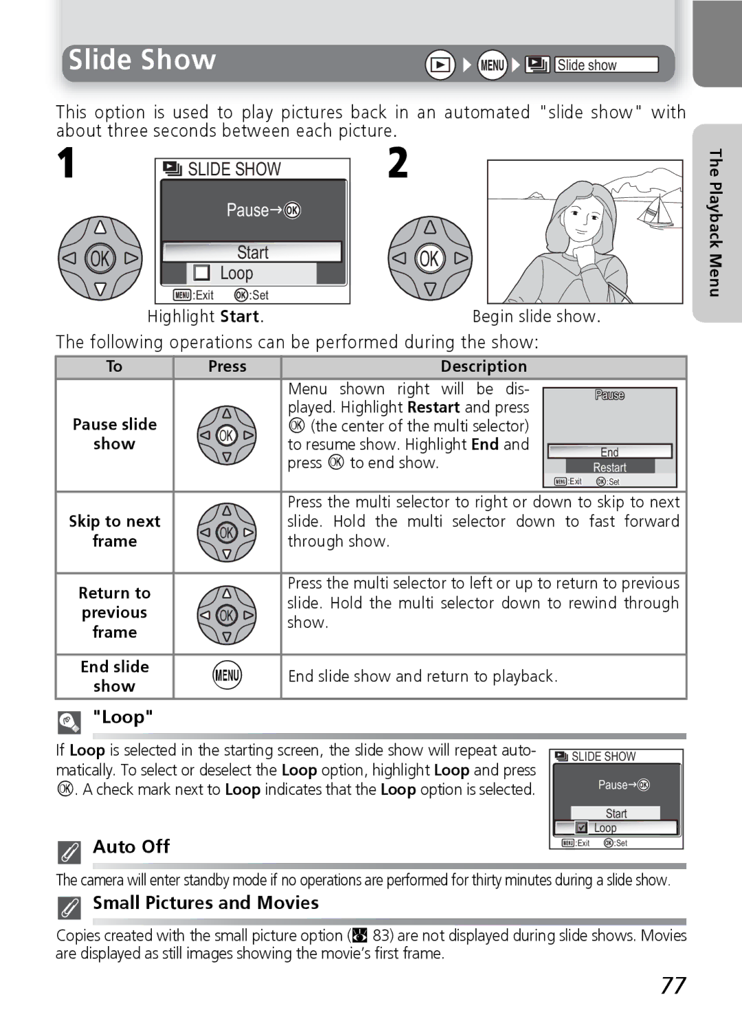 Nikon E4600, E5600 manual Slide Show, Loop, Auto Off, Small Pictures and Movies 
