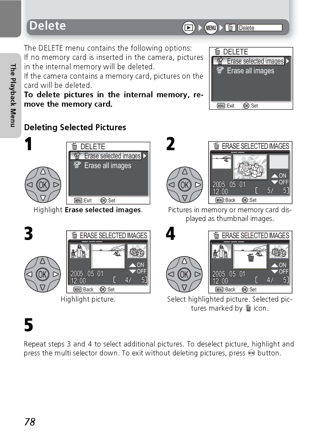 Nikon E5600, E4600 manual Delete, Deleting Selected Pictures, Erase all images, Highlight Erase selected images 