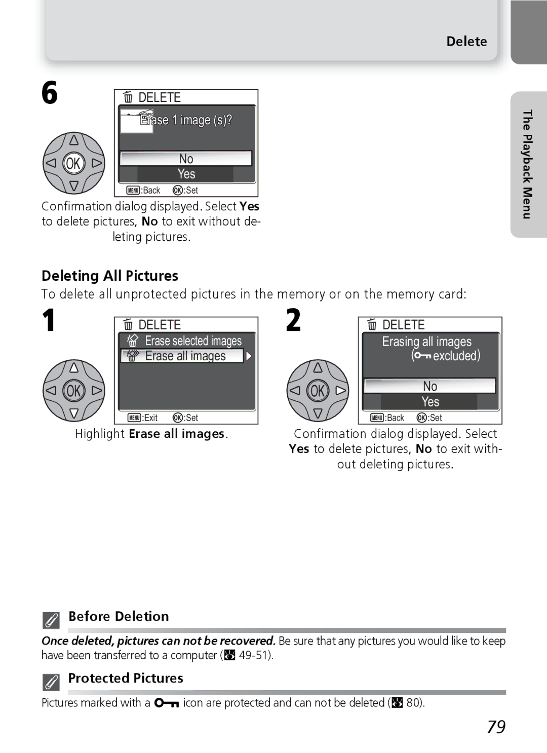 Nikon E4600, E5600 manual Deleting All Pictures, Delete, Highlight Erase all images, Before Deletion, Protected Pictures 