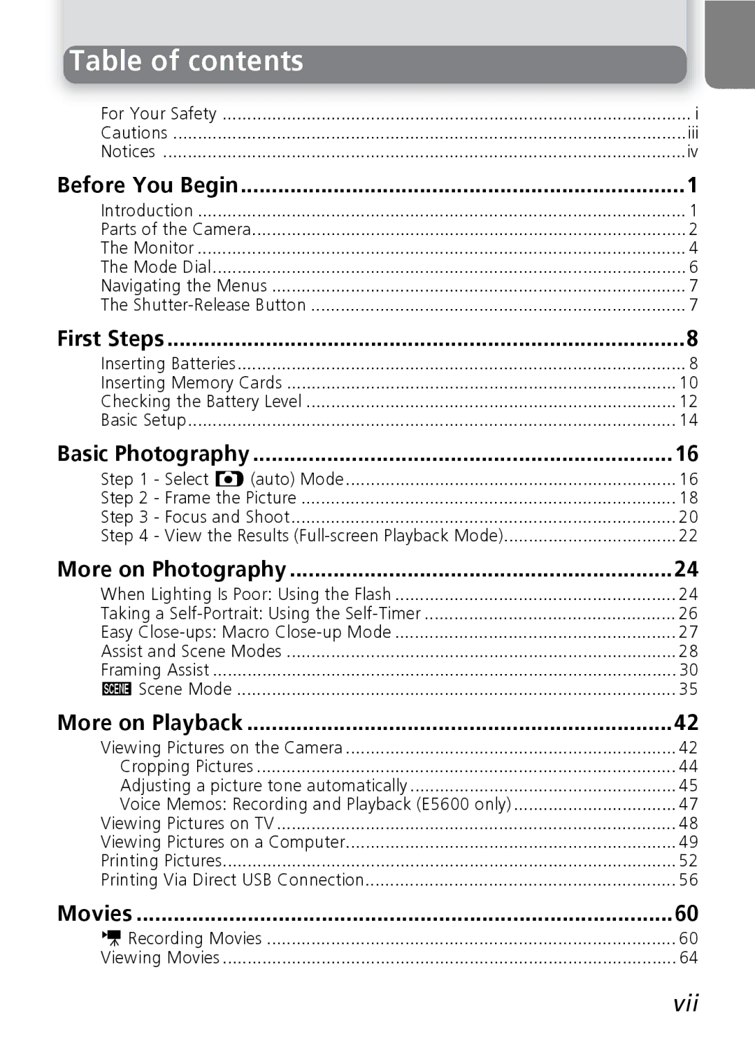 Nikon E4600, E5600 manual Table of contents 