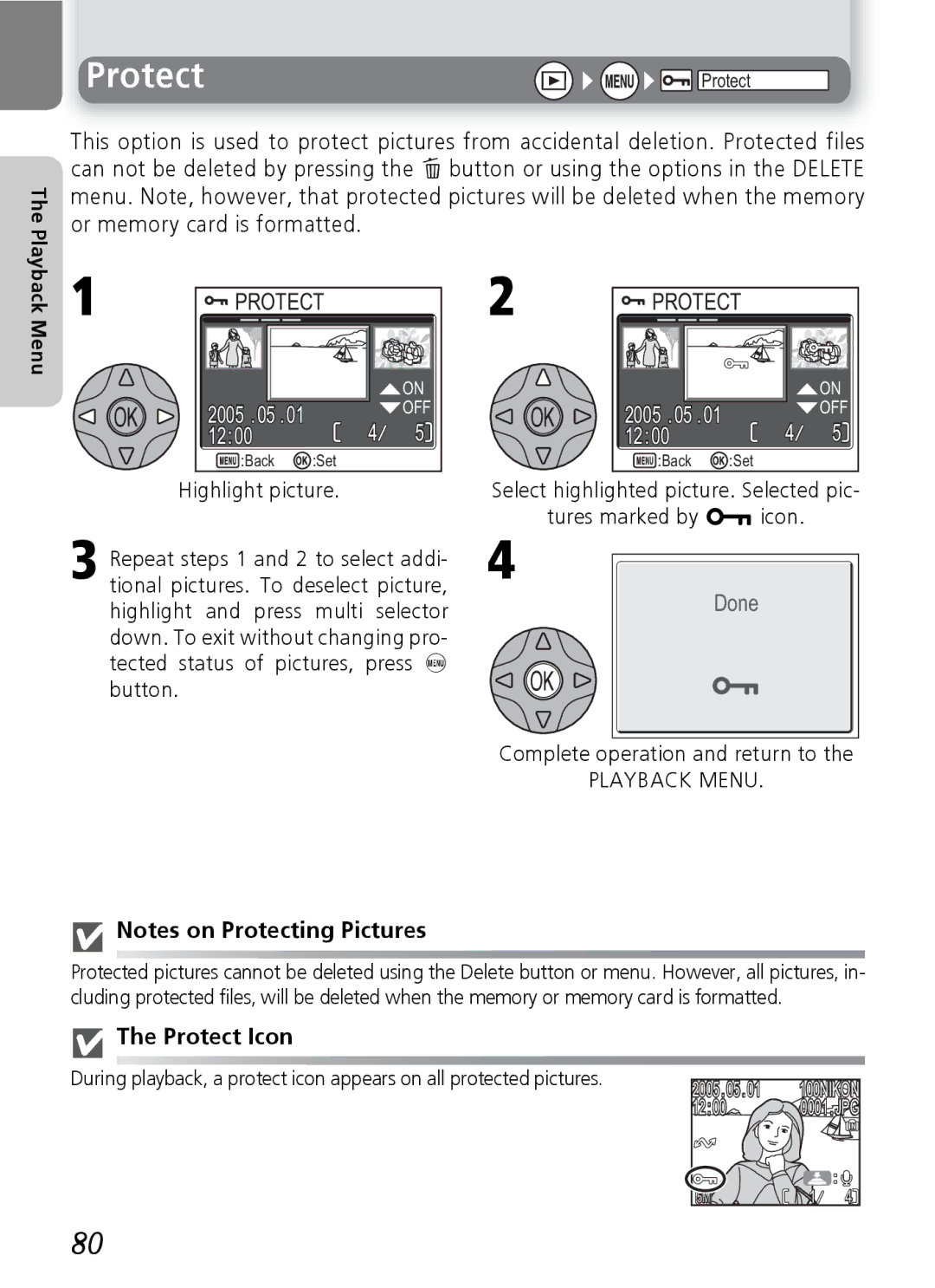 Nikon E5600, E4600 manual Tures marked by U icon, Protect Icon, Menu 