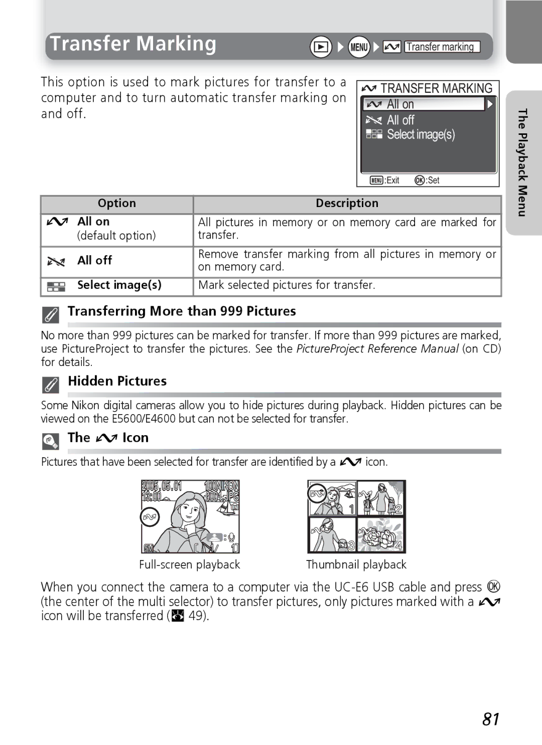 Nikon E4600, E5600 Transfer Marking, All off Select images, Transferring More than 999 Pictures, Hidden Pictures, V Icon 