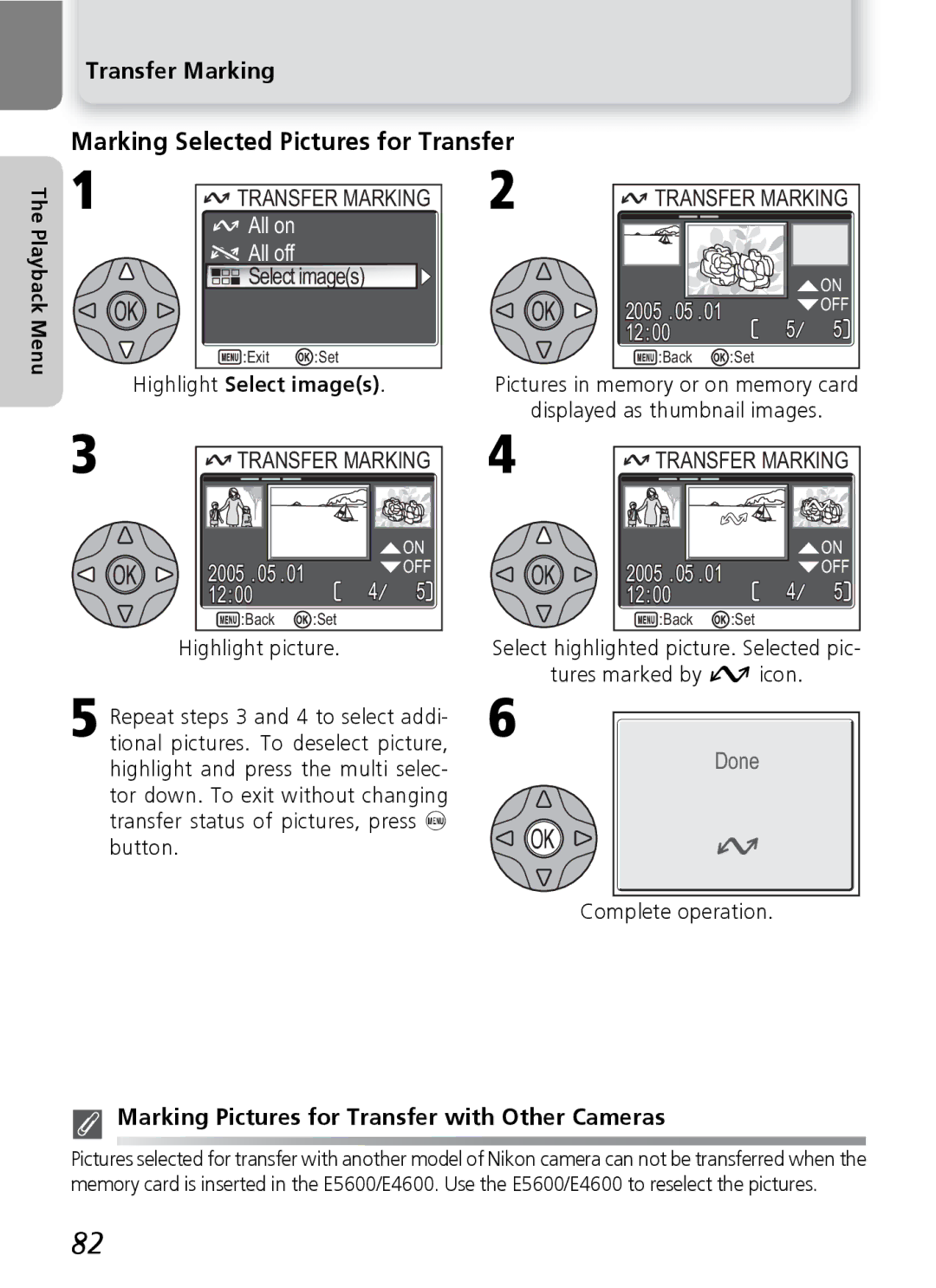 Nikon E5600, E4600 manual Marking Selected Pictures for Transfer, Transfer Marking, Highlight Select images 