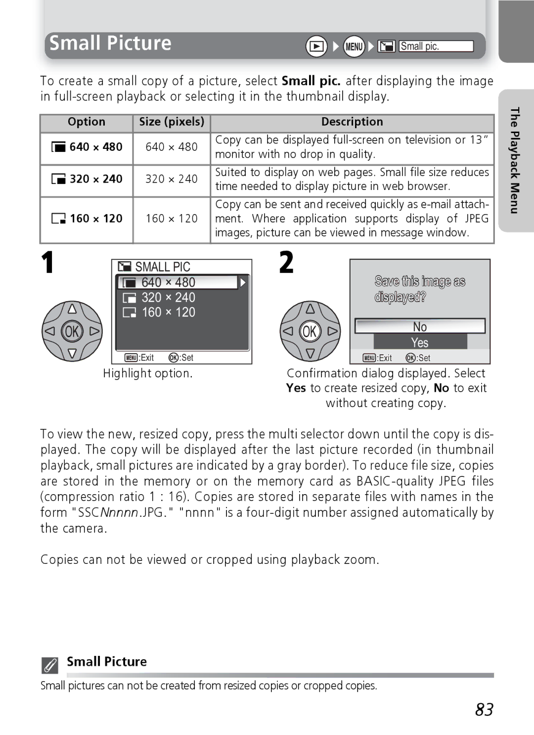 Nikon E4600, E5600 manual Small Picture, Highlight option, Copies can not be viewed or cropped using playback zoom 