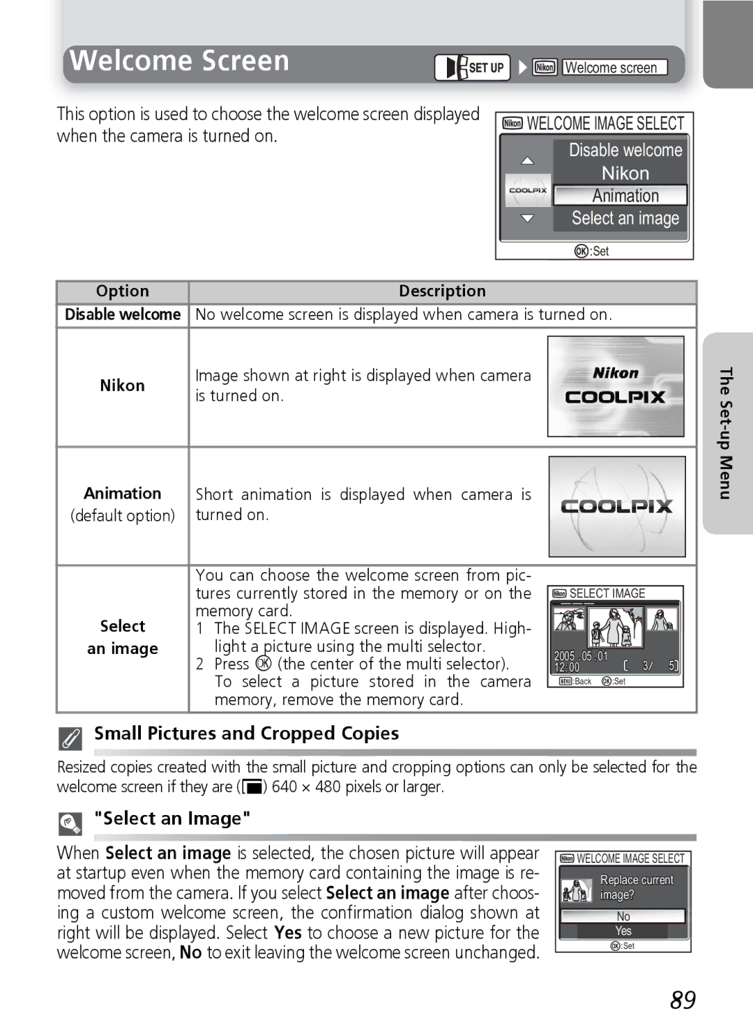 Nikon E4600, E5600 manual Welcome Screen, Nikon, Small Pictures and Cropped Copies, Select an Image, Is turned on 