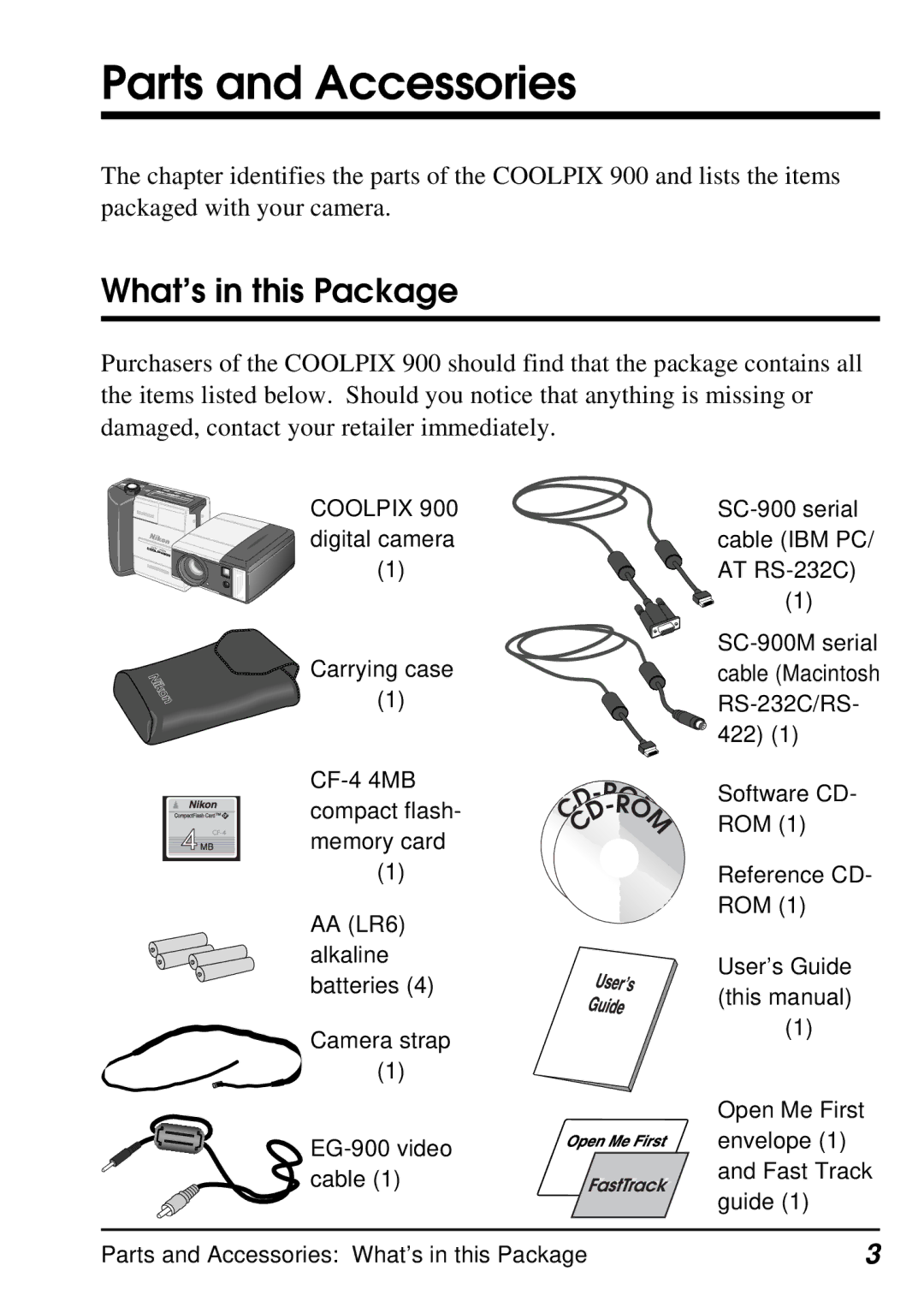 Nikon E900 manual Parts and Accessories, What’s in this Package 