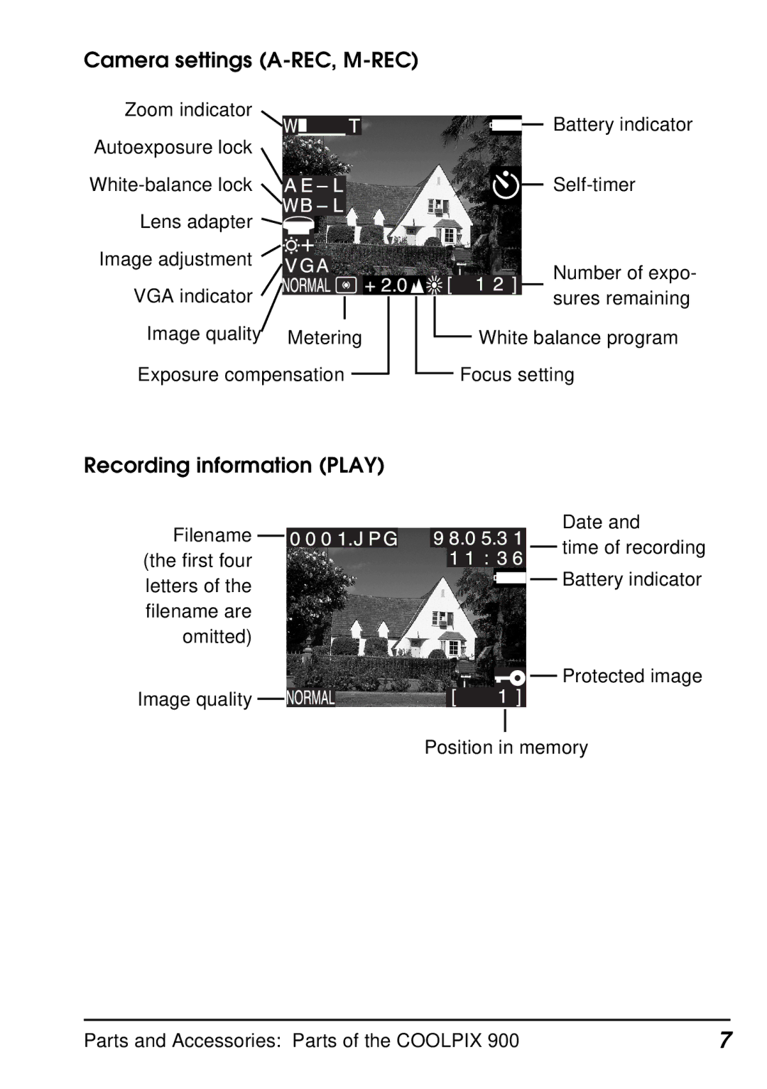 Nikon E900 manual Camera settings A-REC, M-REC, Recording information Play 