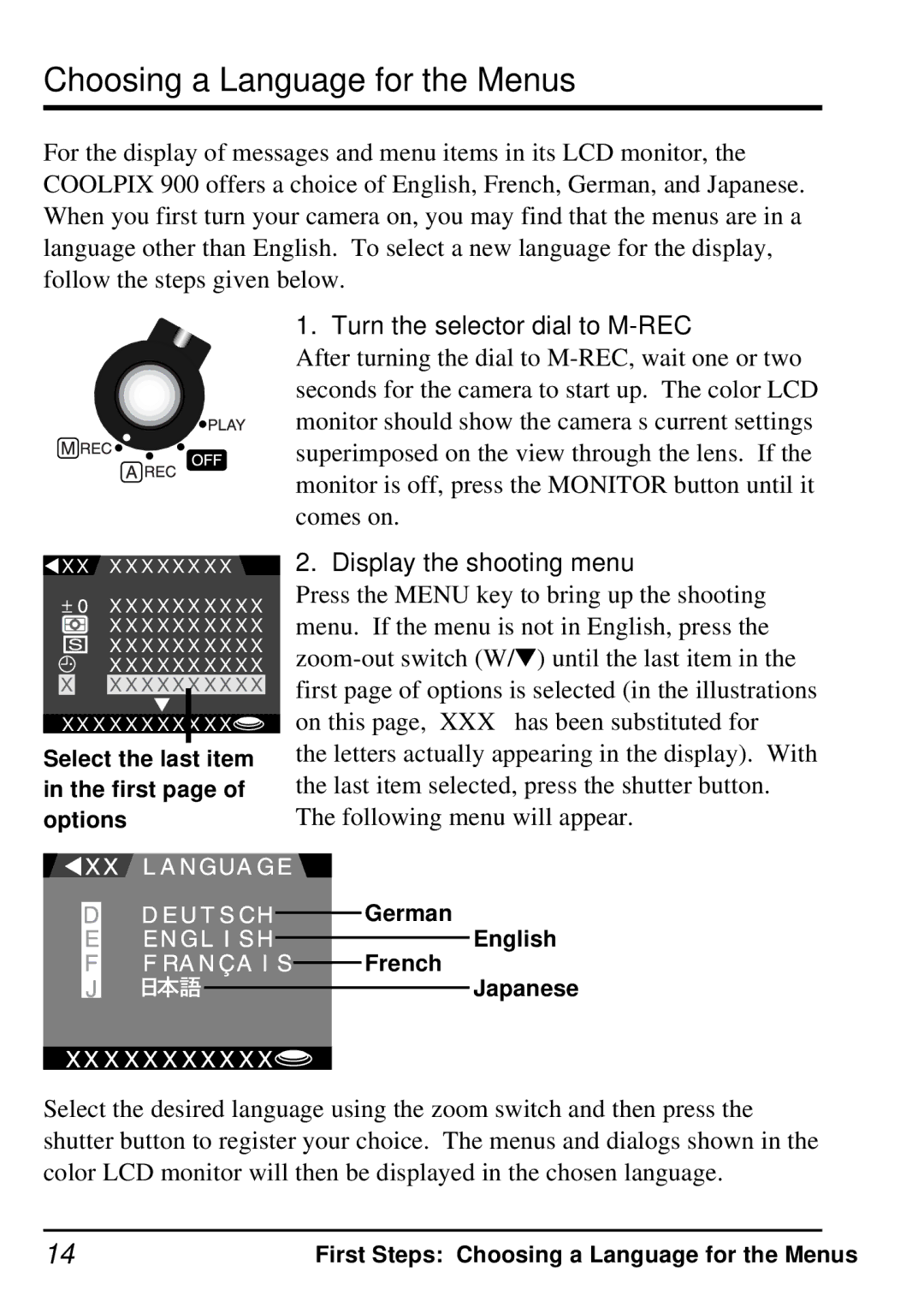 Nikon E900 manual Choosing a Language for the Menus, Turn the selector dial to M-REC 