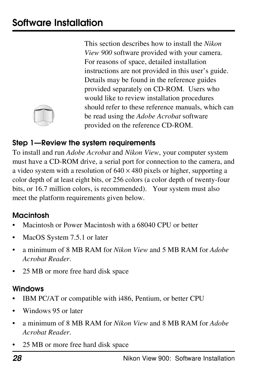 Nikon E900 manual Software Installation, Review the system requirements, Macintosh, Windows 