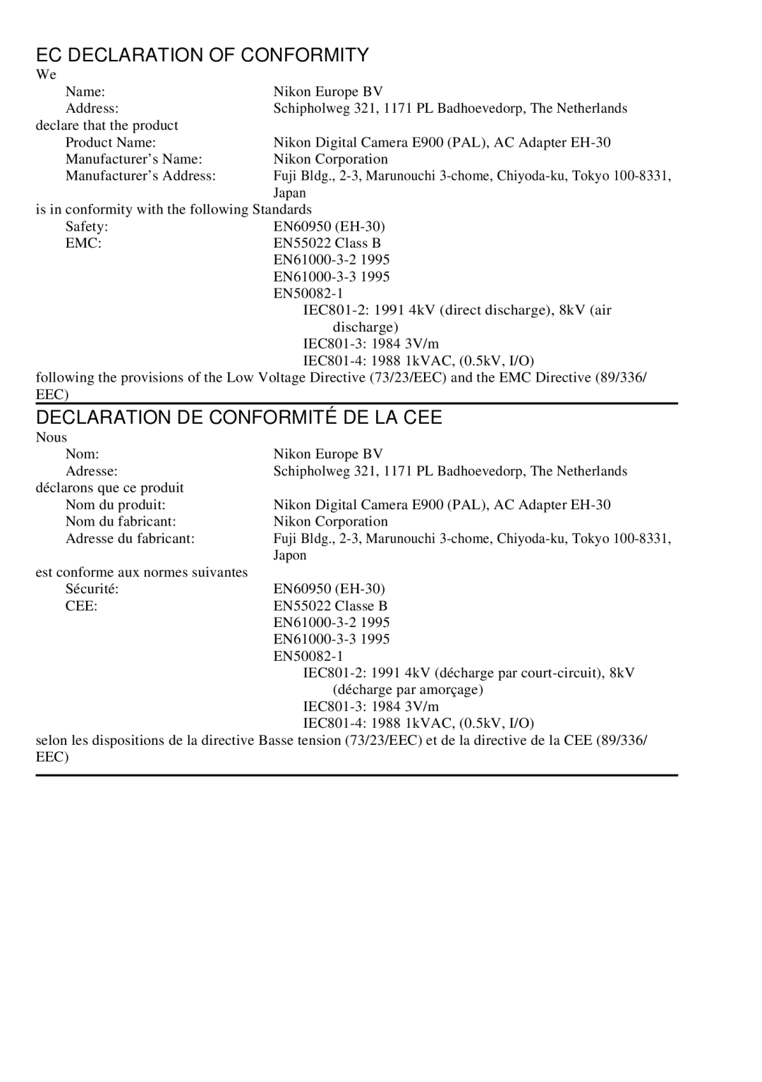 Nikon E900 manual EC Declaration of Conformity 