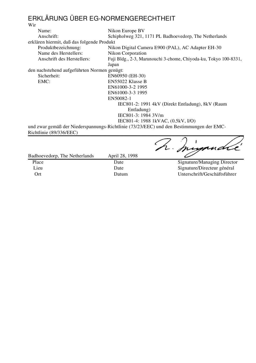 Nikon E900 manual Erklärung Über EG-NORMENGERECHTHEIT 