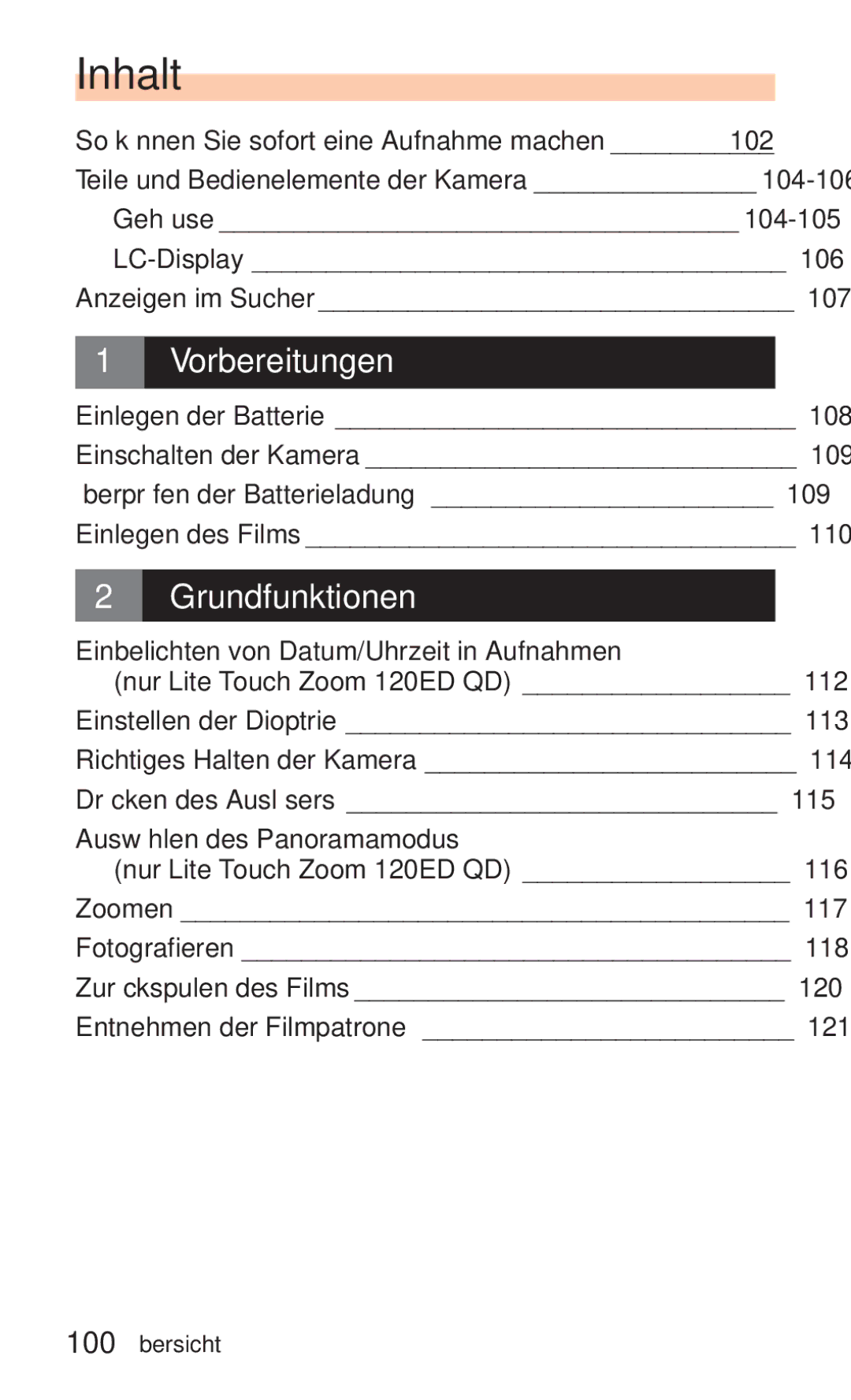 Nikon ED 120 instruction manual Inhalt, Vorbereitungen 