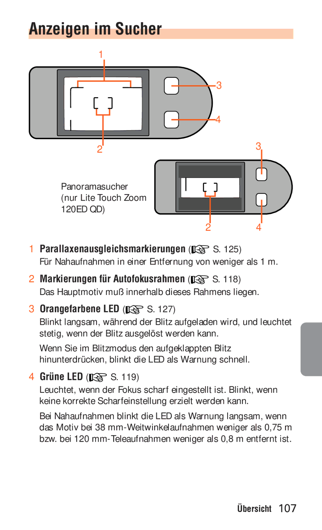 Nikon ED 120 instruction manual Anzeigen im Sucher, 3Orangefarbene LED, 4Grüne LED 