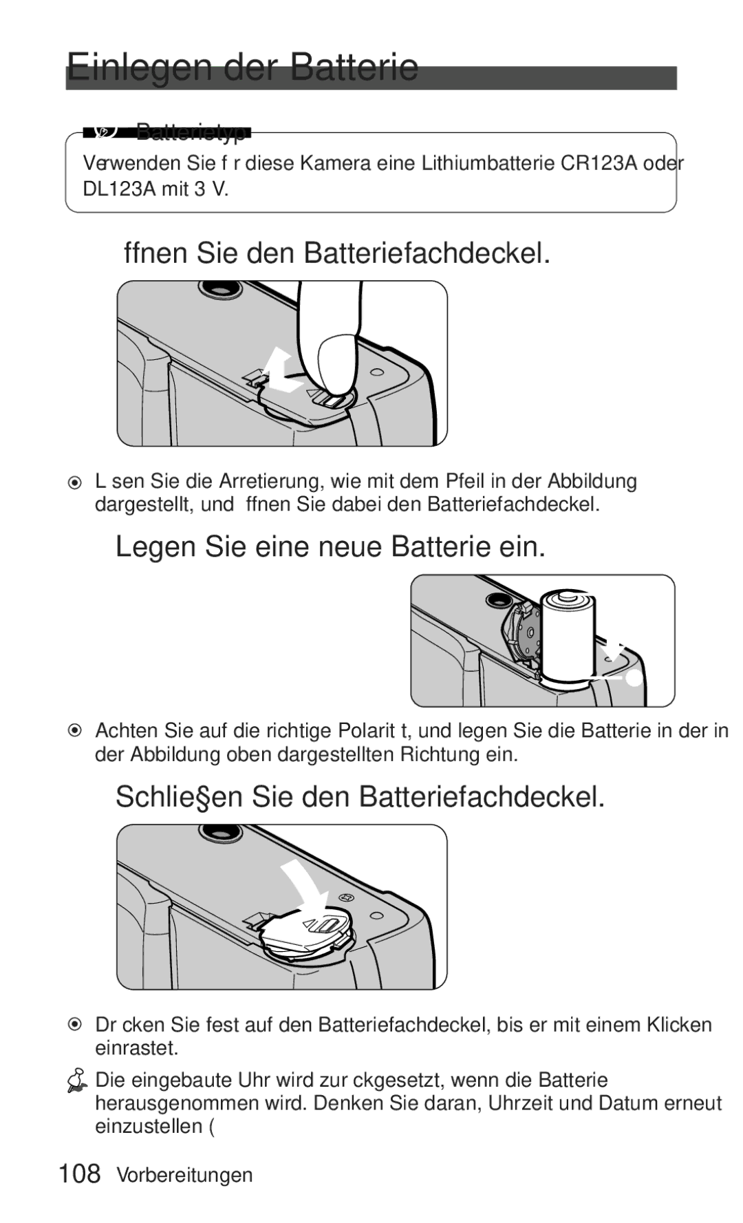 Nikon ED 120 Einlegen der Batterie, Öffnen Sie den Batteriefachdeckel, Legen Sie eine neue Batterie ein, Batterietyp 