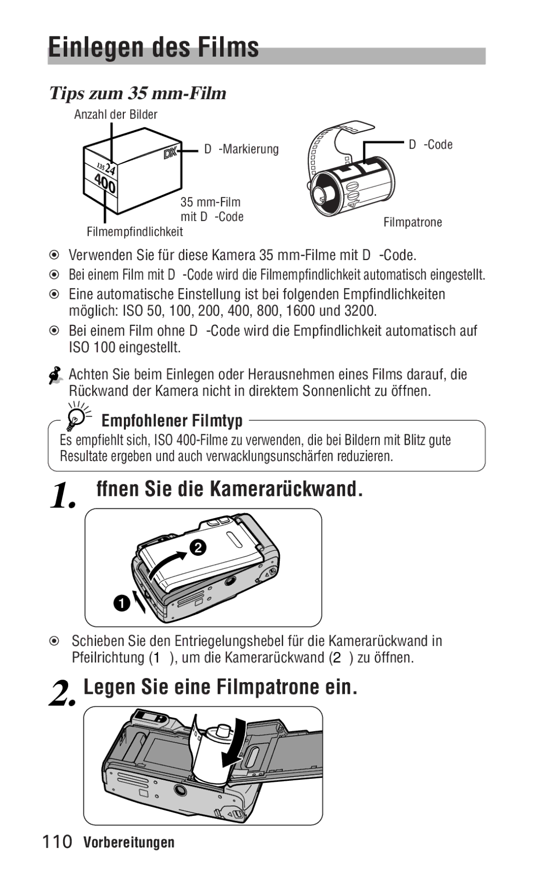 Nikon ED 120 Einlegen des Films, Öffnen Sie die Kamerarückwand, Legen Sie eine Filmpatrone ein, Tips zum 35 mm-Film 