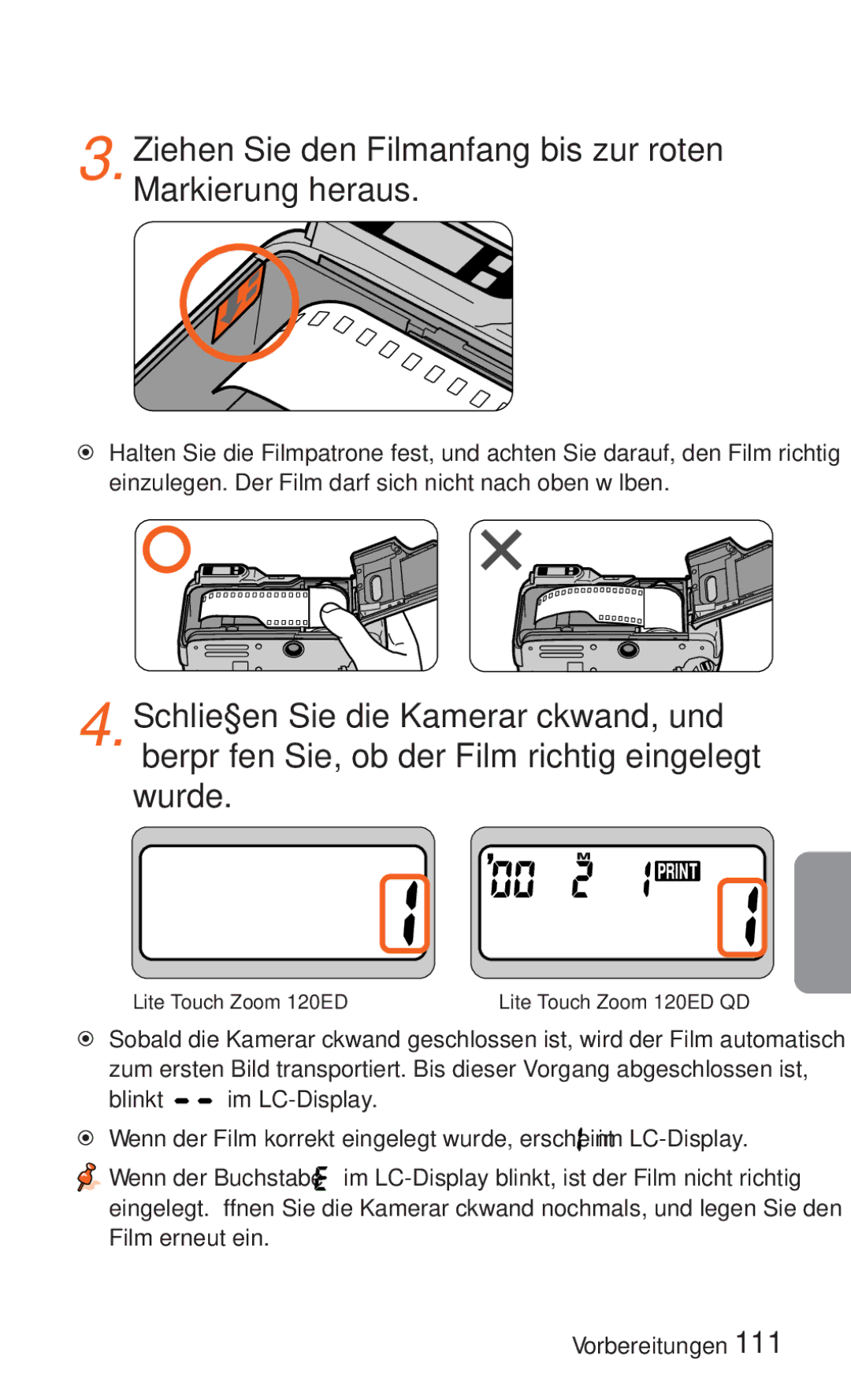 Nikon ED 120 instruction manual Ziehen Sie den Filmanfang bis zur roten Markierung heraus 