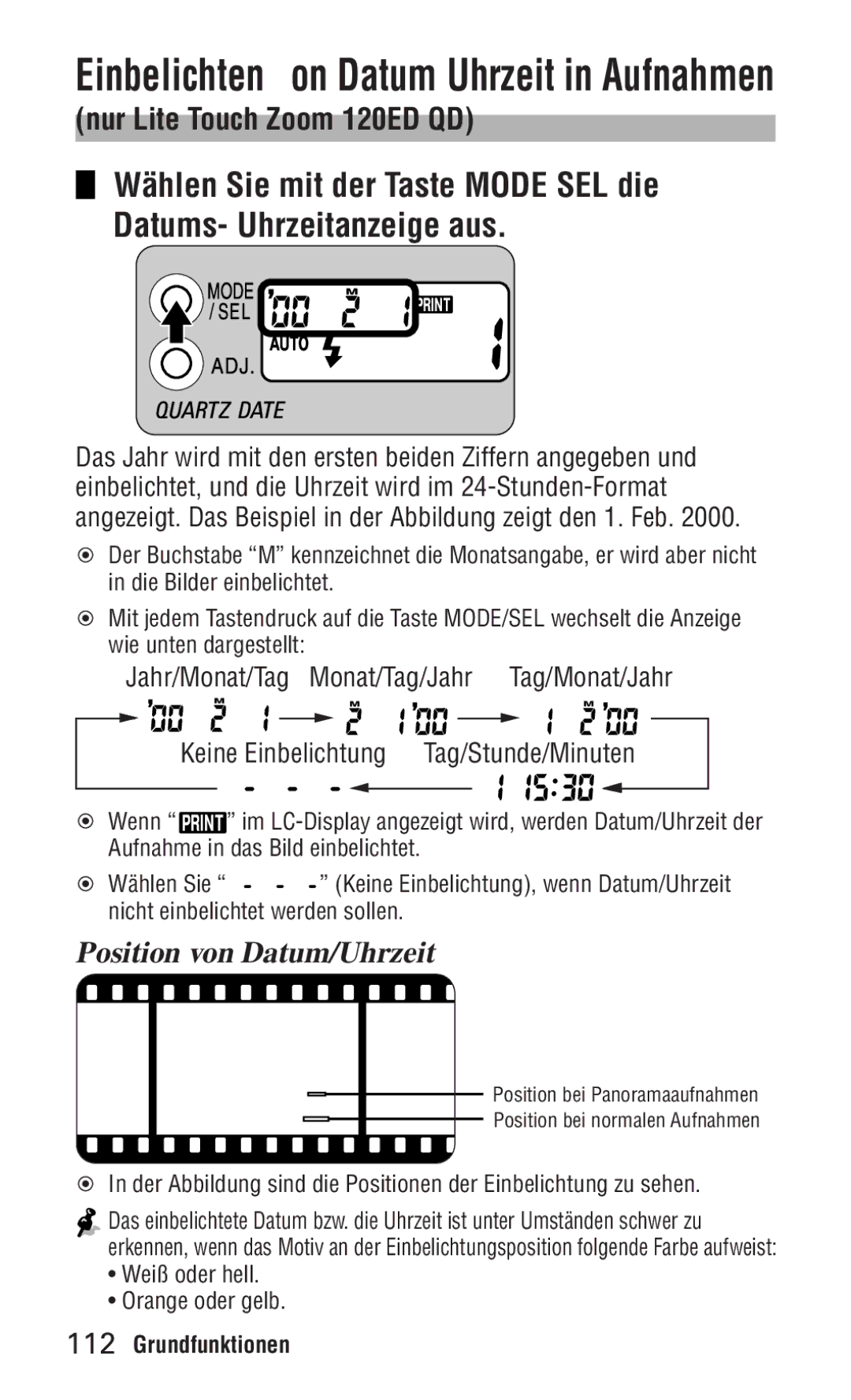 Nikon ED 120 instruction manual Einbelichten von Datum/Uhrzeit in Aufnahmen, Position von Datum/Uhrzeit 