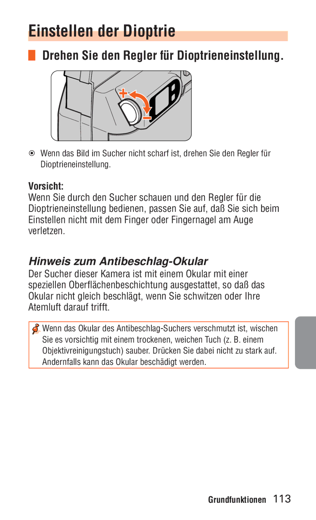 Nikon ED 120 Einstellen der Dioptrie, Drehen Sie den Regler für Dioptrieneinstellung, Hinweis zum Antibeschlag-Okular 