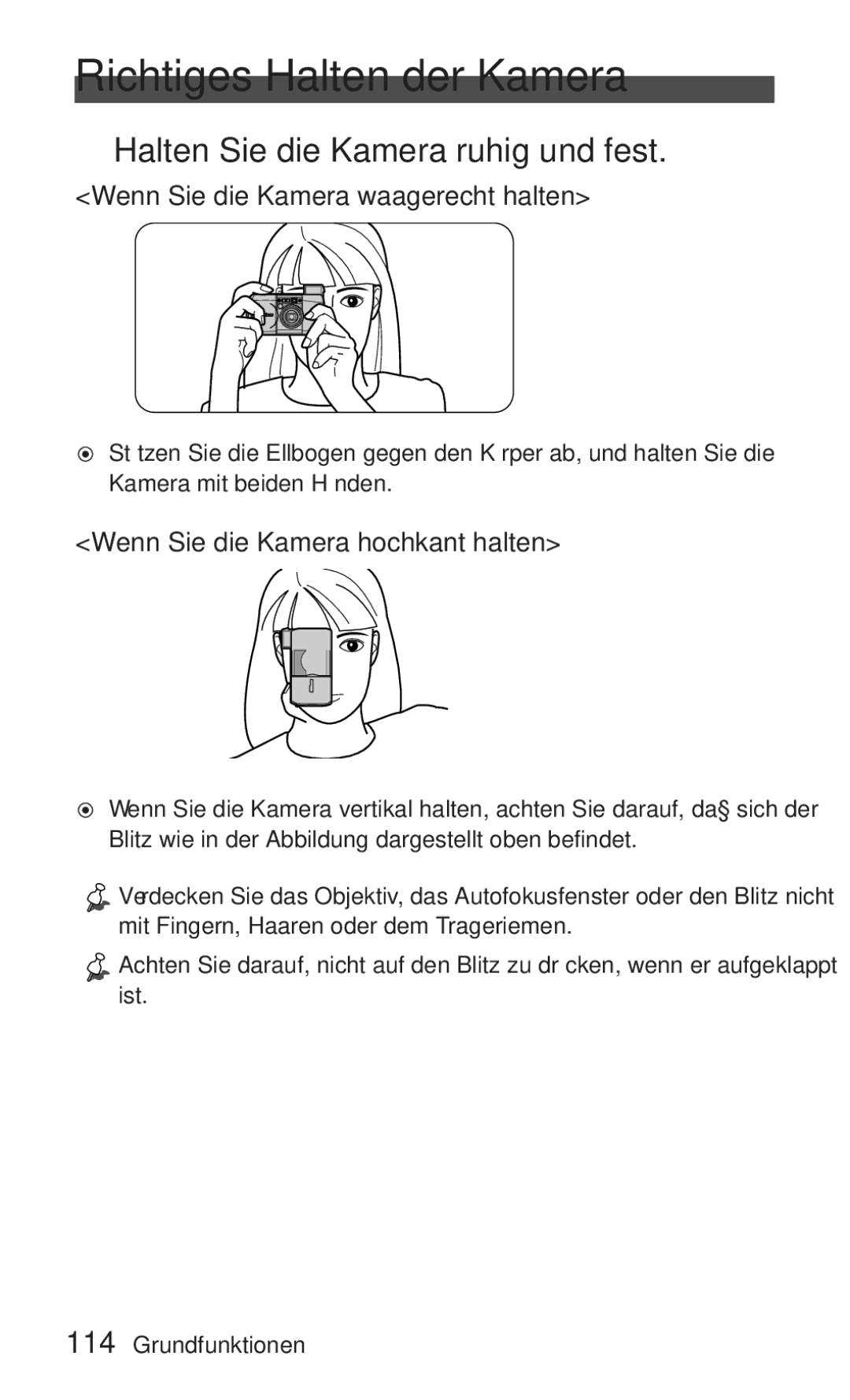 Nikon ED 120 instruction manual Richtiges Halten der Kamera, Halten Sie die Kamera ruhig und fest 