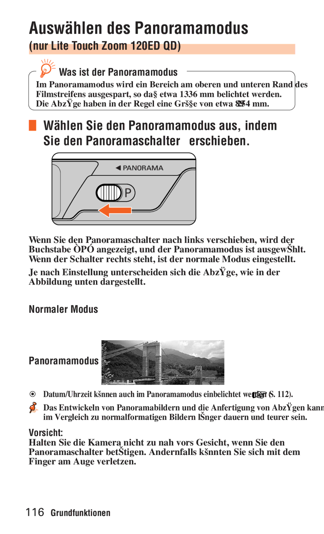Nikon ED 120 instruction manual Auswählen des Panoramamodus, Nur Lite Touch Zoom 120ED QD, Was ist der Panoramamodus? 