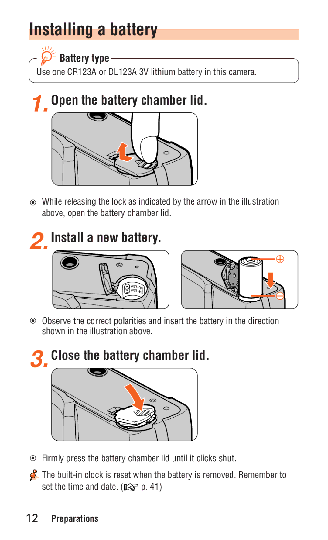 Nikon ED 120 Installing a battery, Open the battery chamber lid, Install a new battery, Close the battery chamber lid 