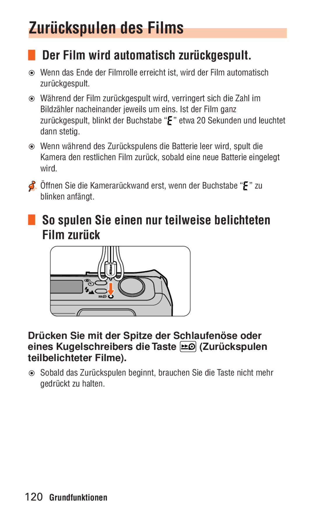 Nikon ED 120 instruction manual Zurückspulen des Films, Der Film wird automatisch zurückgespult 