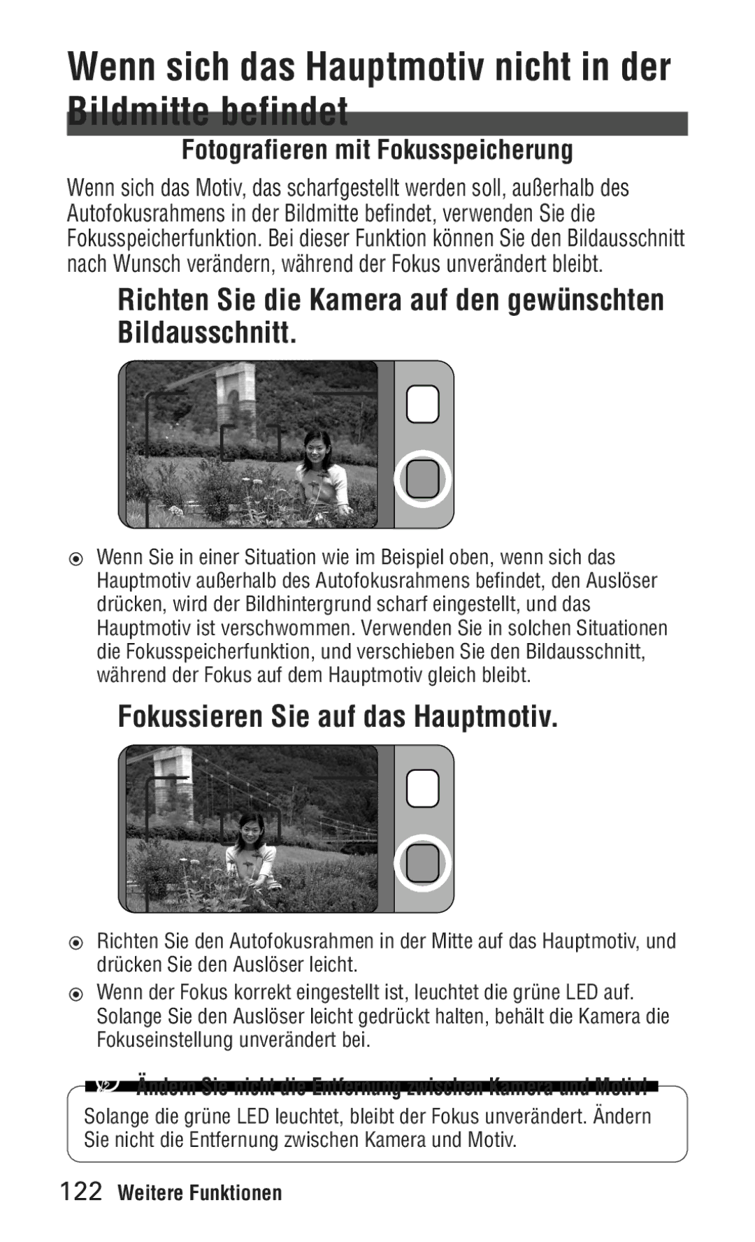 Nikon ED 120 Wenn sich das Hauptmotiv nicht in der Bildmitte befindet, Fokussieren Sie auf das Hauptmotiv 