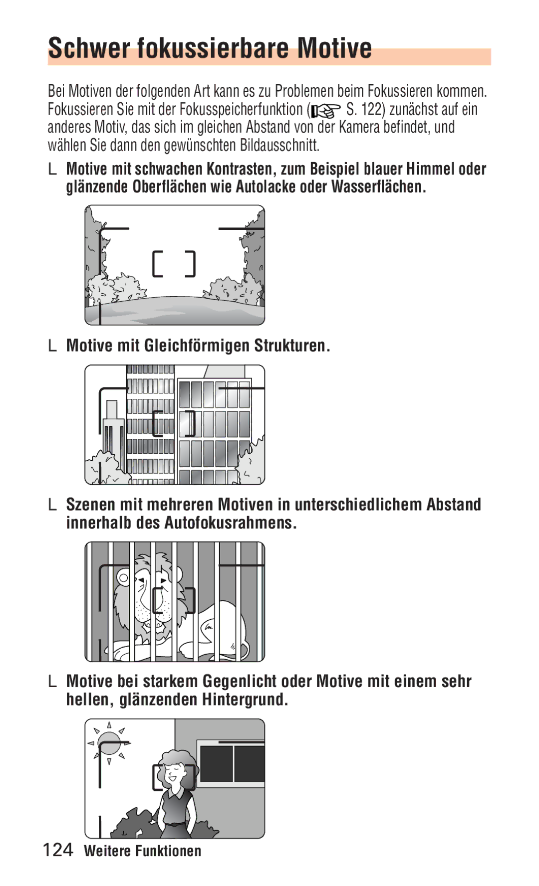 Nikon ED 120 instruction manual Schwer fokussierbare Motive, Motive mit Gleichförmigen Strukturen 