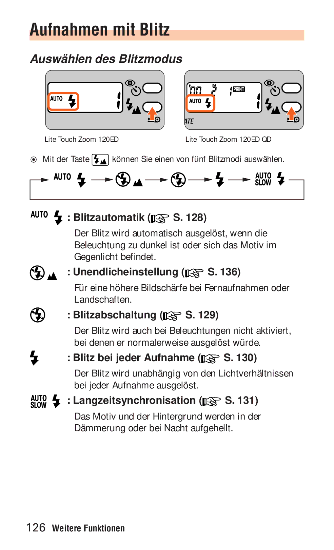 Nikon ED 120 instruction manual Aufnahmen mit Blitz, Auswählen des Blitzmodus 