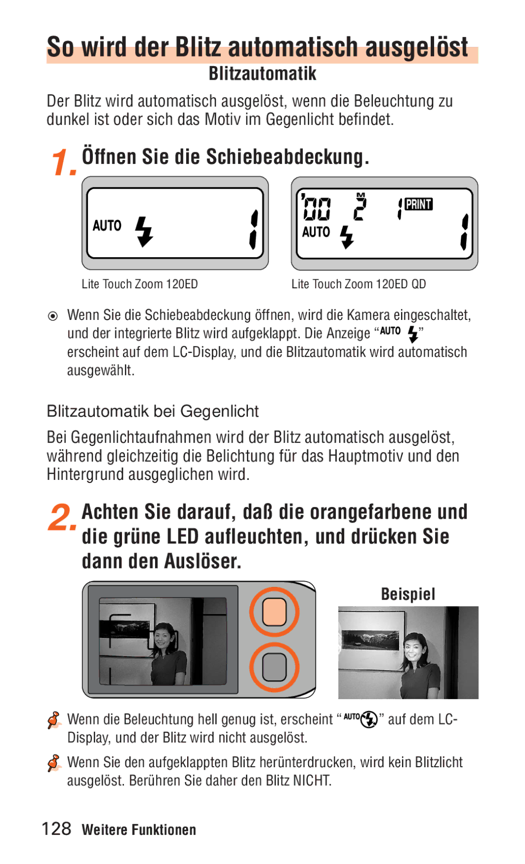 Nikon ED 120 instruction manual Blitzautomatik bei Gegenlicht 