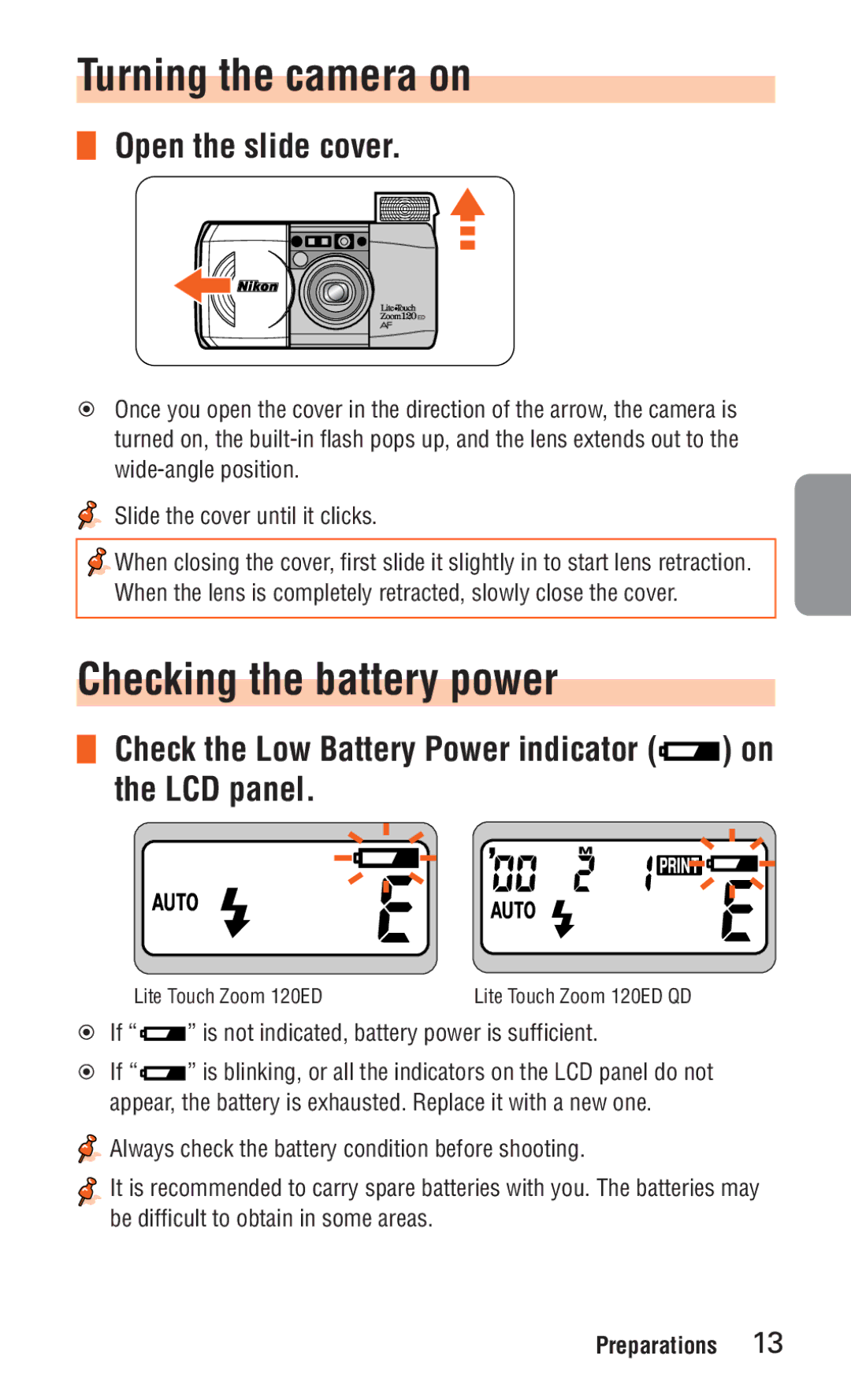 Nikon ED 120 instruction manual Turning the camera on, Checking the battery power, Open the slide cover, LCD panel 