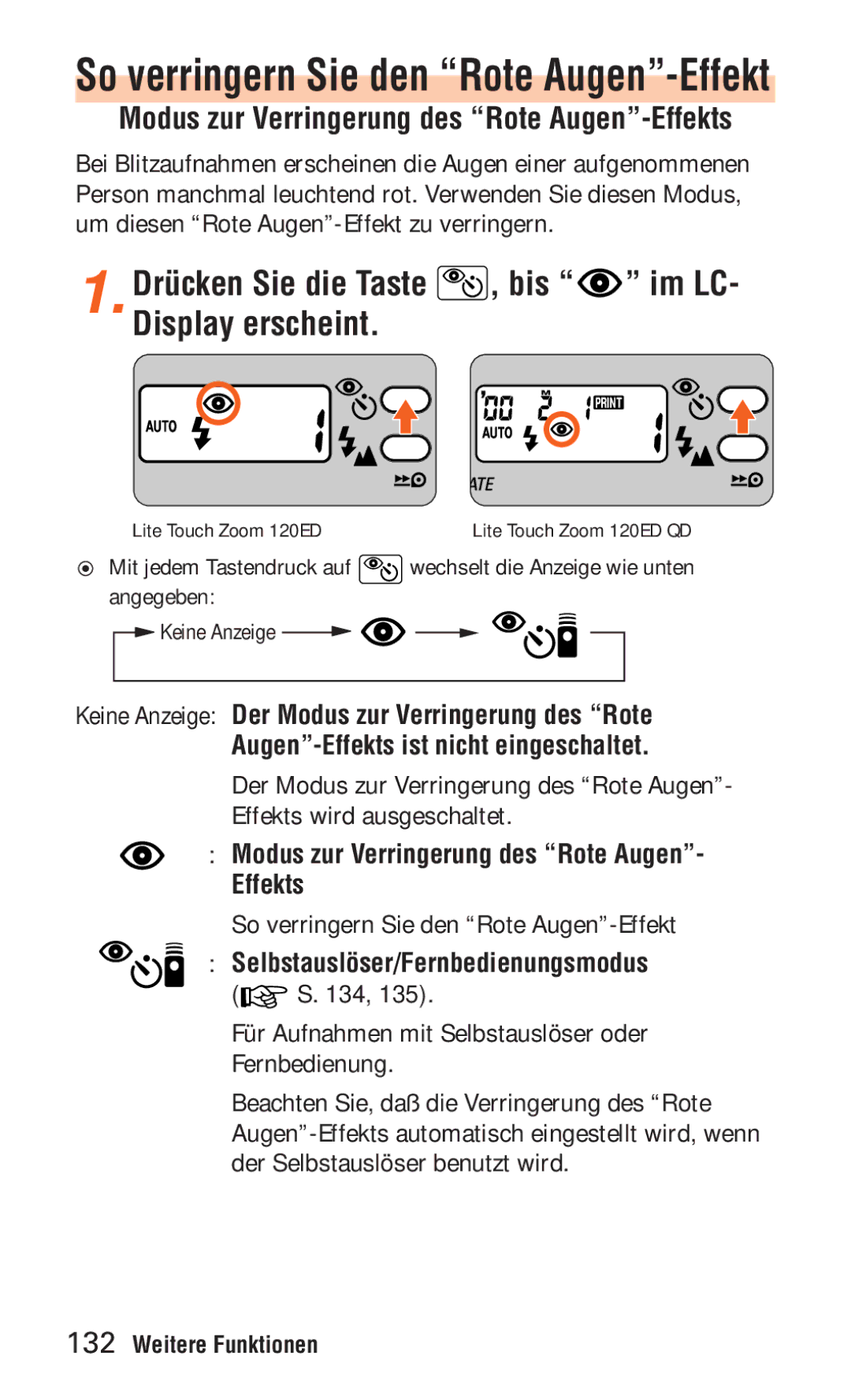 Nikon ED 120 Bis im LC, Display erscheint, Modus zur Verringerung des Rote Augen-Effekts, Drücken Sie die Taste 