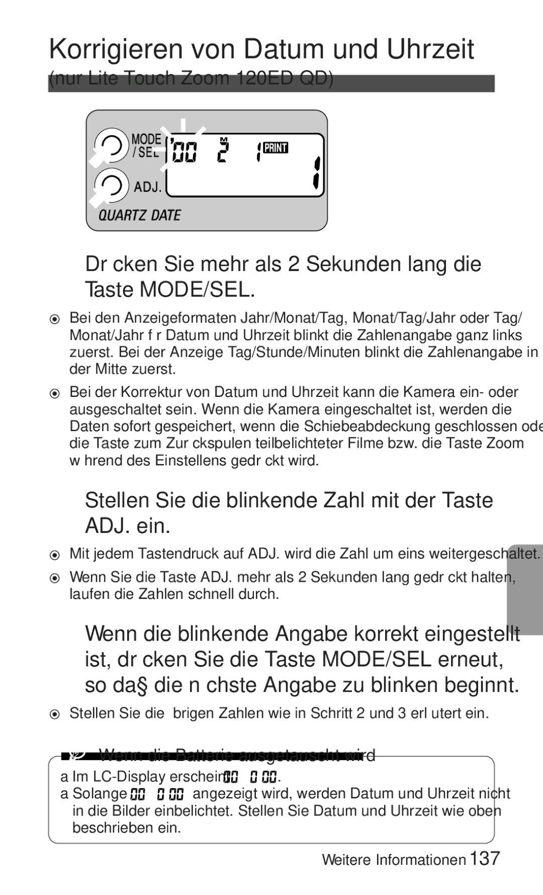 Nikon ED 120 instruction manual Korrigieren von Datum und Uhrzeit, Drücken Sie mehr als 2 Sekunden lang die Taste MODE/SEL 