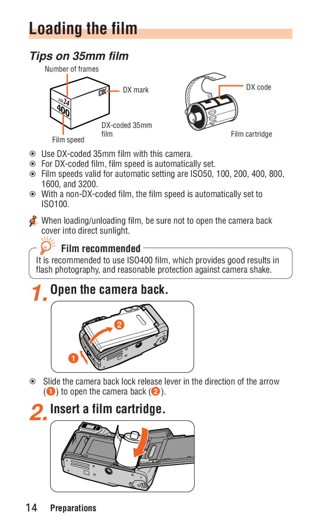 Nikon ED 120 Loading the film, Open the camera back, Insert a film cartridge, Tips on 35mm film, Film recommended 
