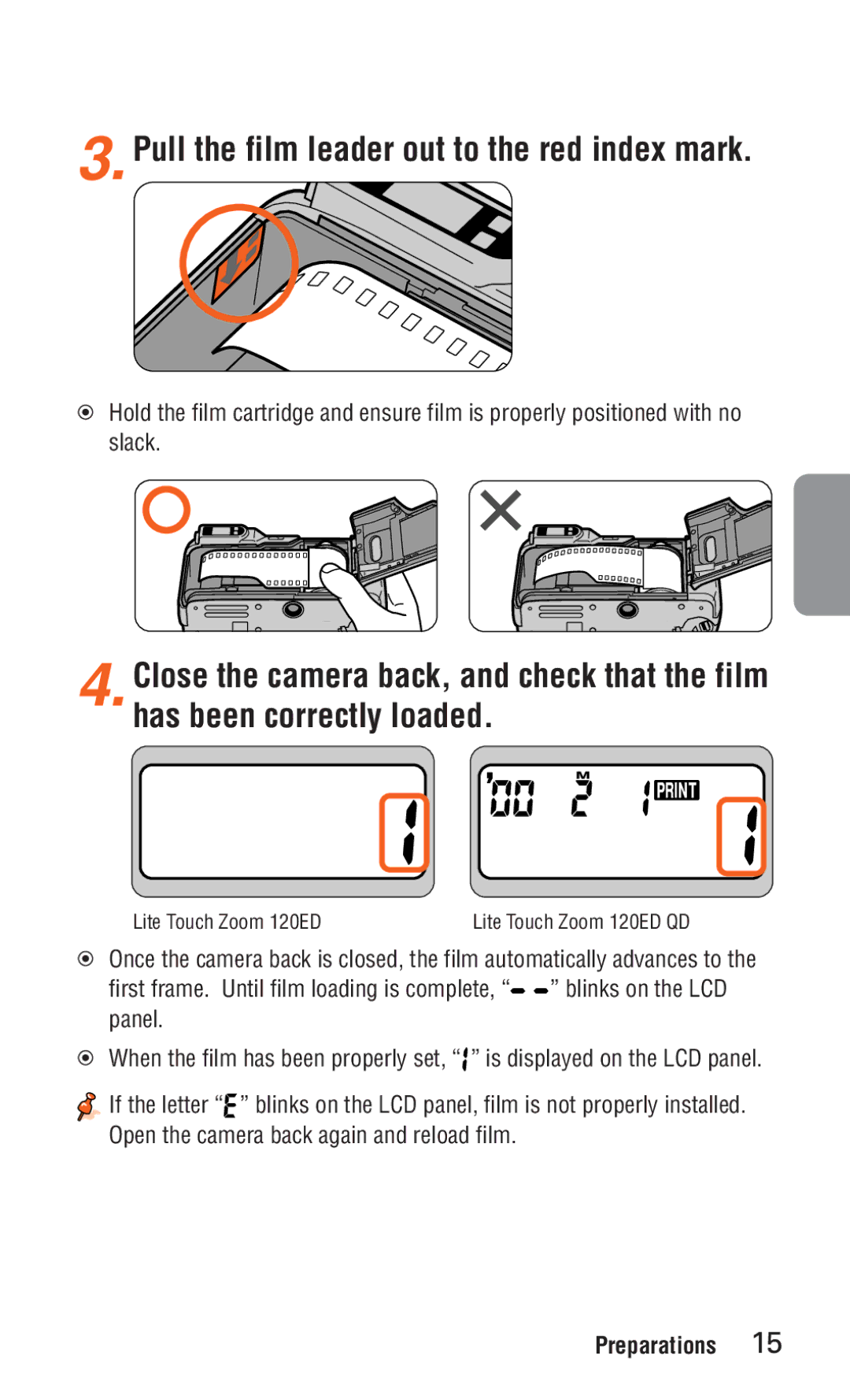 Nikon ED 120 instruction manual Pull the film leader out to the red index mark 
