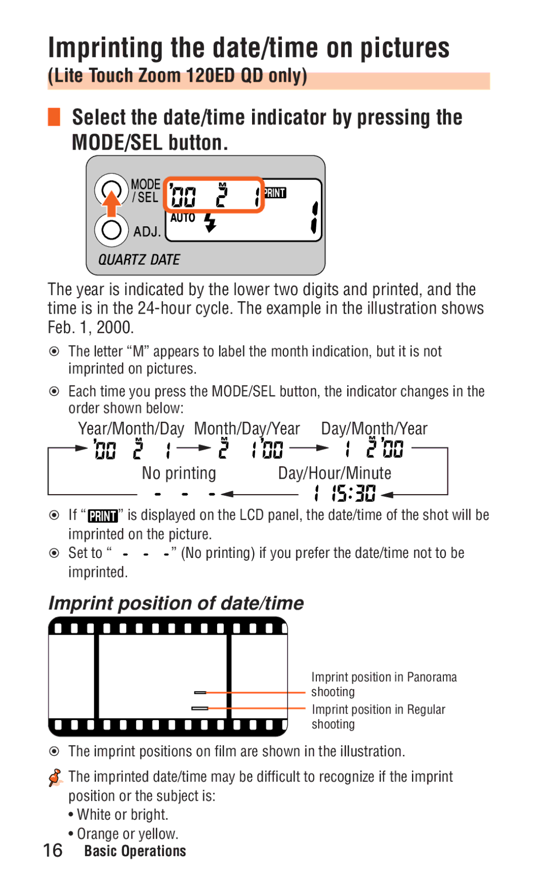 Nikon ED 120 Imprinting the date/time on pictures, Lite Touch Zoom 120ED QD only, Imprint position of date/time 