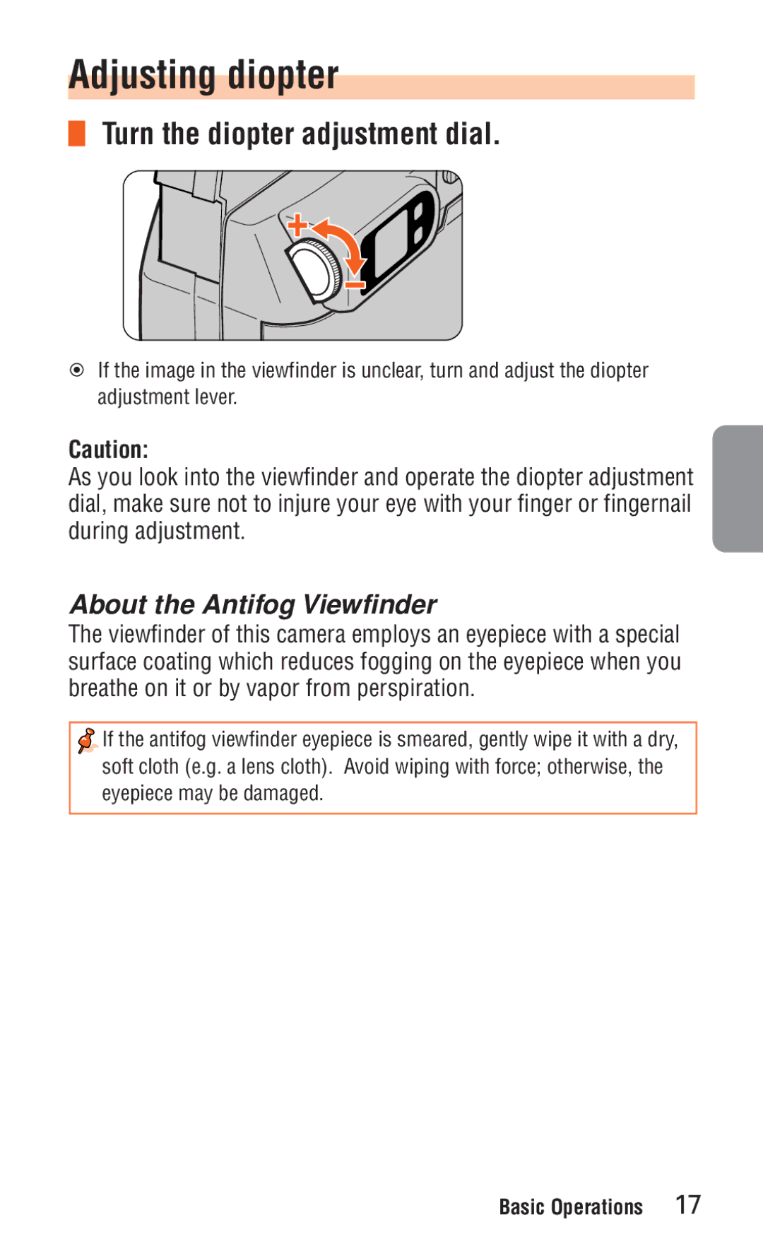 Nikon ED 120 instruction manual Adjusting diopter, Turn the diopter adjustment dial, About the Antifog Viewfinder 