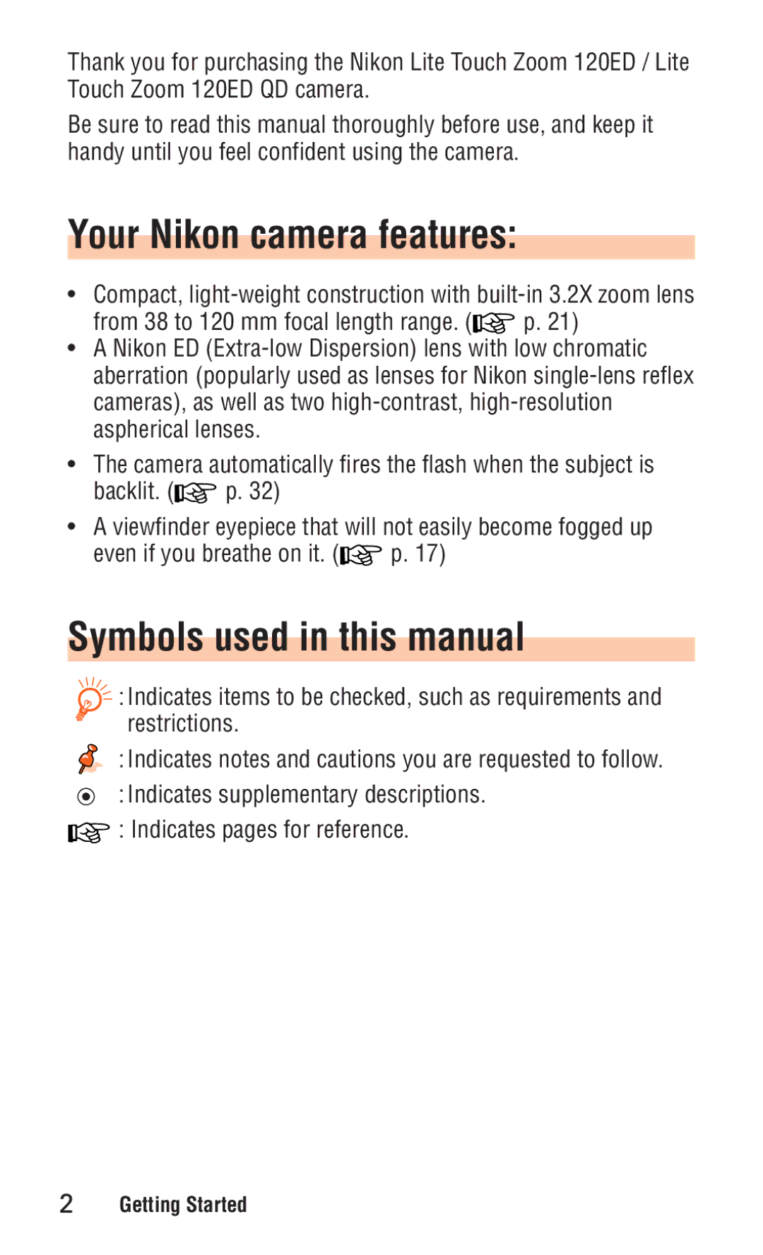 Nikon ED 120 instruction manual Your Nikon camera features, Symbols used in this manual 