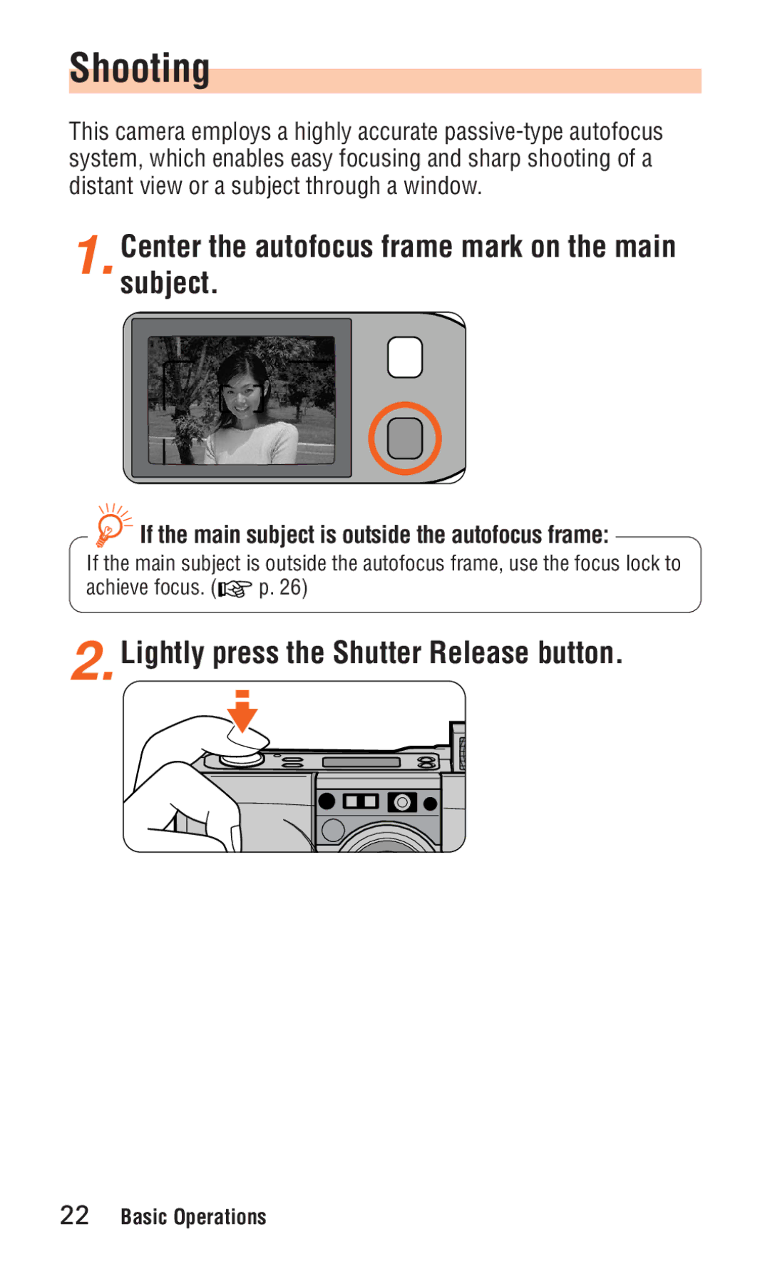 Nikon ED 120 instruction manual Shooting, Center the autofocus frame mark on the main subject 