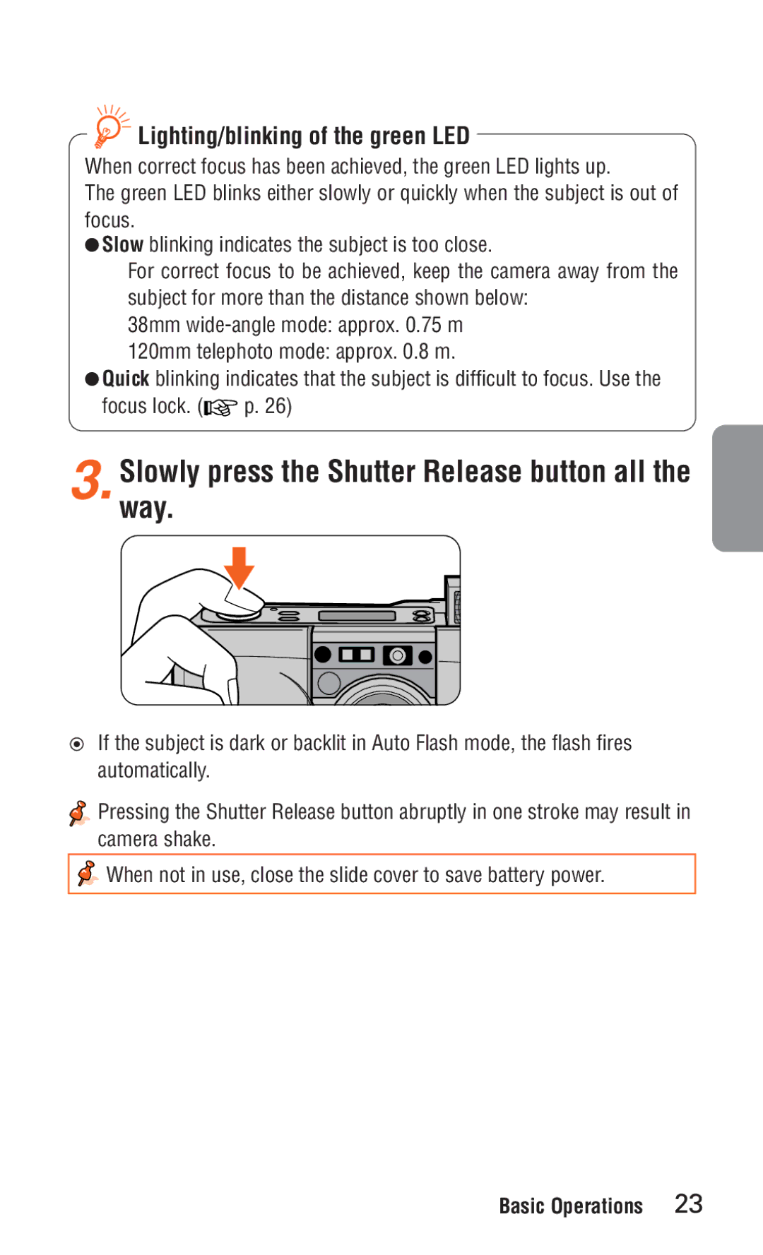 Nikon ED 120 instruction manual Lighting/blinking of the green LED, Slowlyway. press the Shutter Release button all 