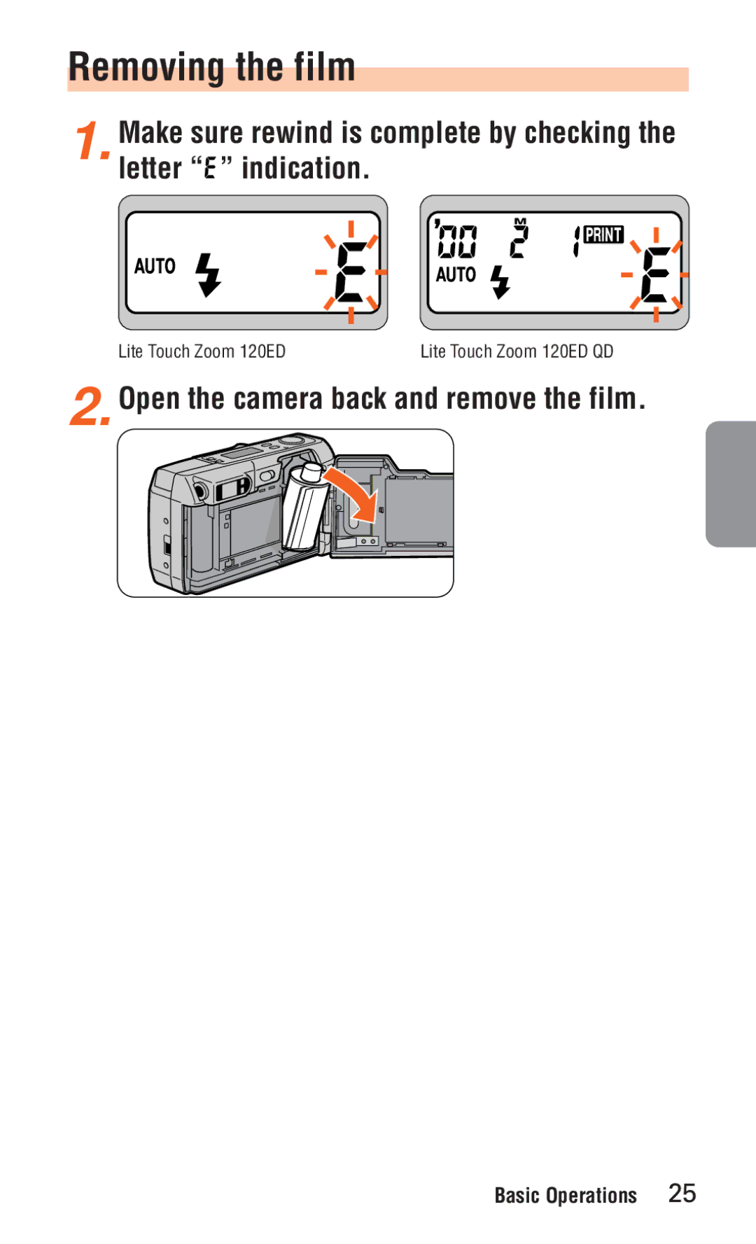 Nikon ED 120 instruction manual Removing the film, Open the camera back and remove the film 