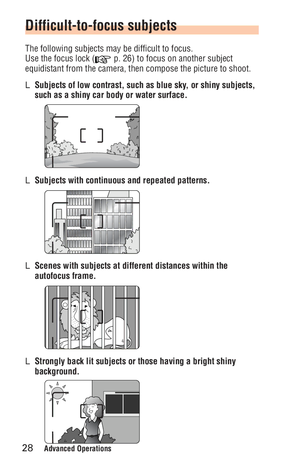 Nikon ED 120 instruction manual Difficult-to-focus subjects, Following subjects may be difficult to focus 