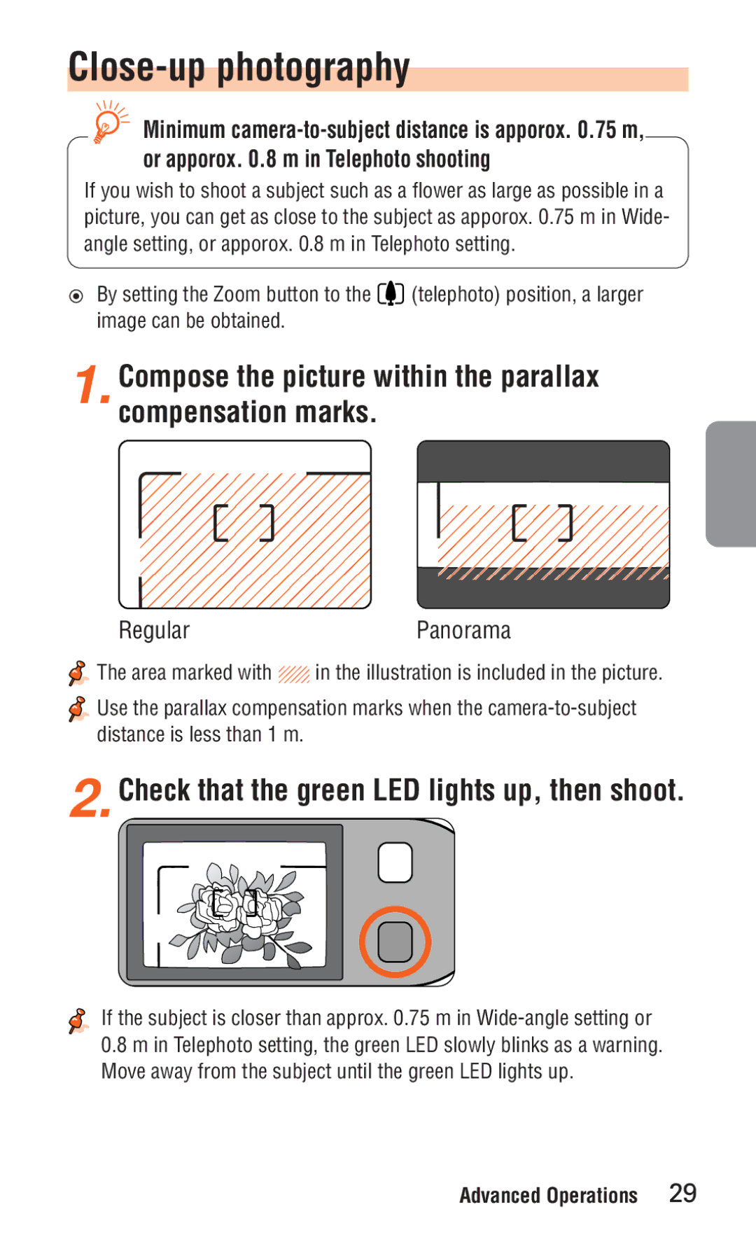 Nikon ED 120 instruction manual Close-up photography, Compose the picture within the parallax compensation marks 