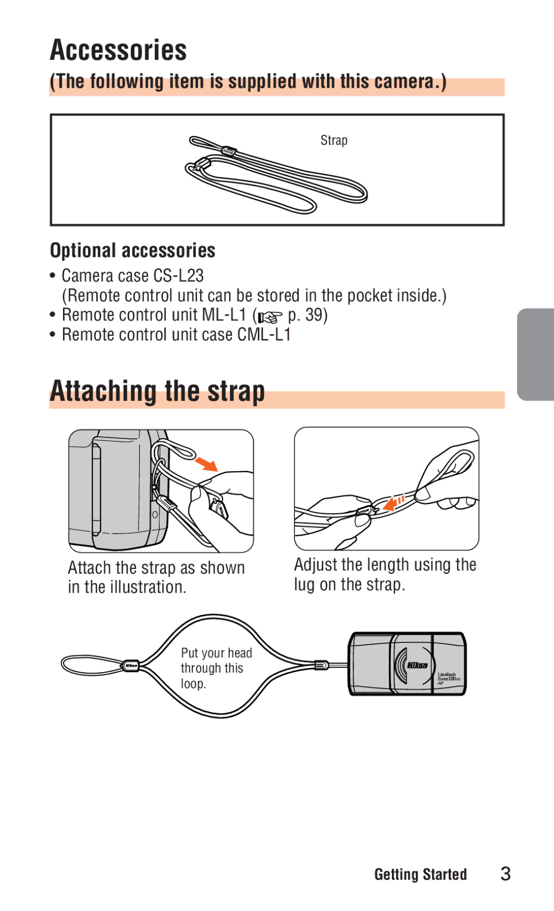 Nikon ED 120 Accessories, Attaching the strap, Following item is supplied with this camera, Optional accessories 