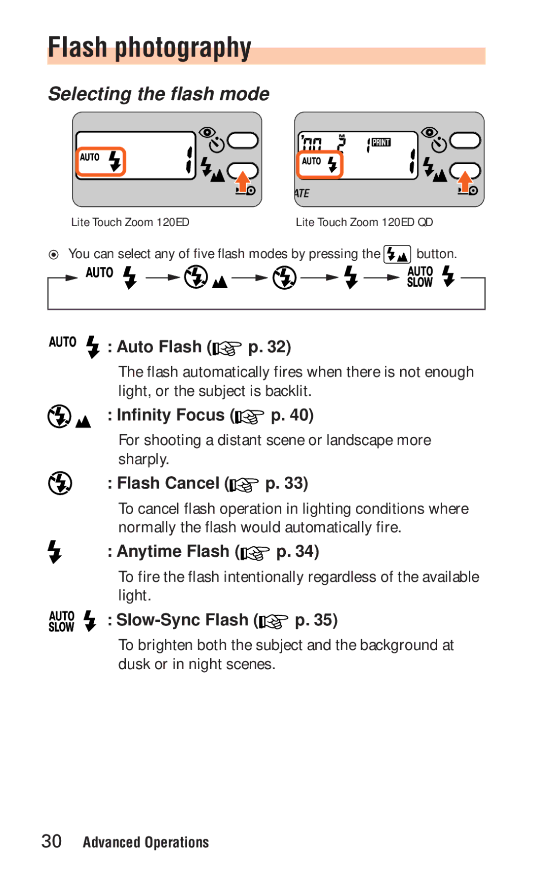 Nikon ED 120 instruction manual Flash photography, Selecting the flash mode 