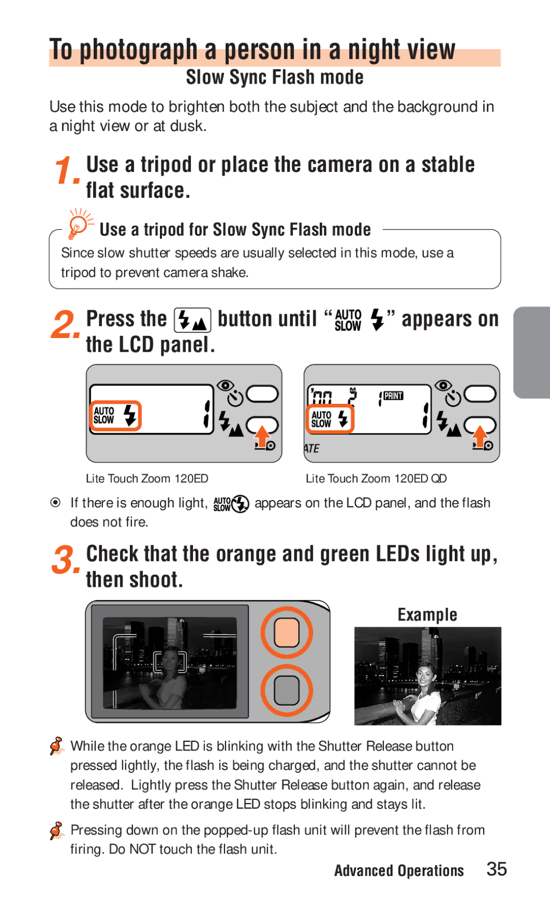 Nikon ED 120 instruction manual To photograph a person in a night view, Use a tripod for Slow Sync Flash mode 